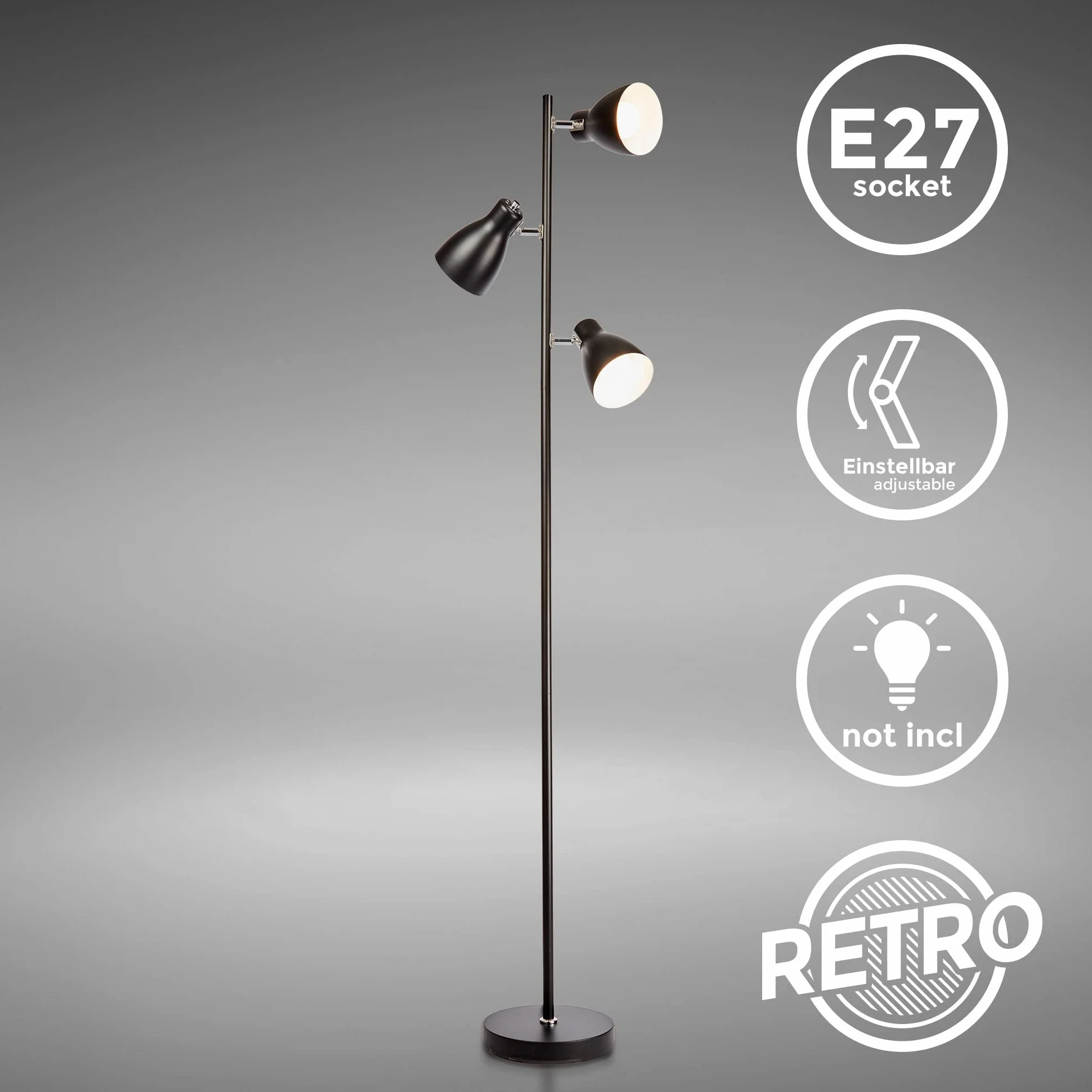 B.K.Licht Lámpara de pie 3 luces Negro E27 máx. 25 W Altura 1665mm Metálica