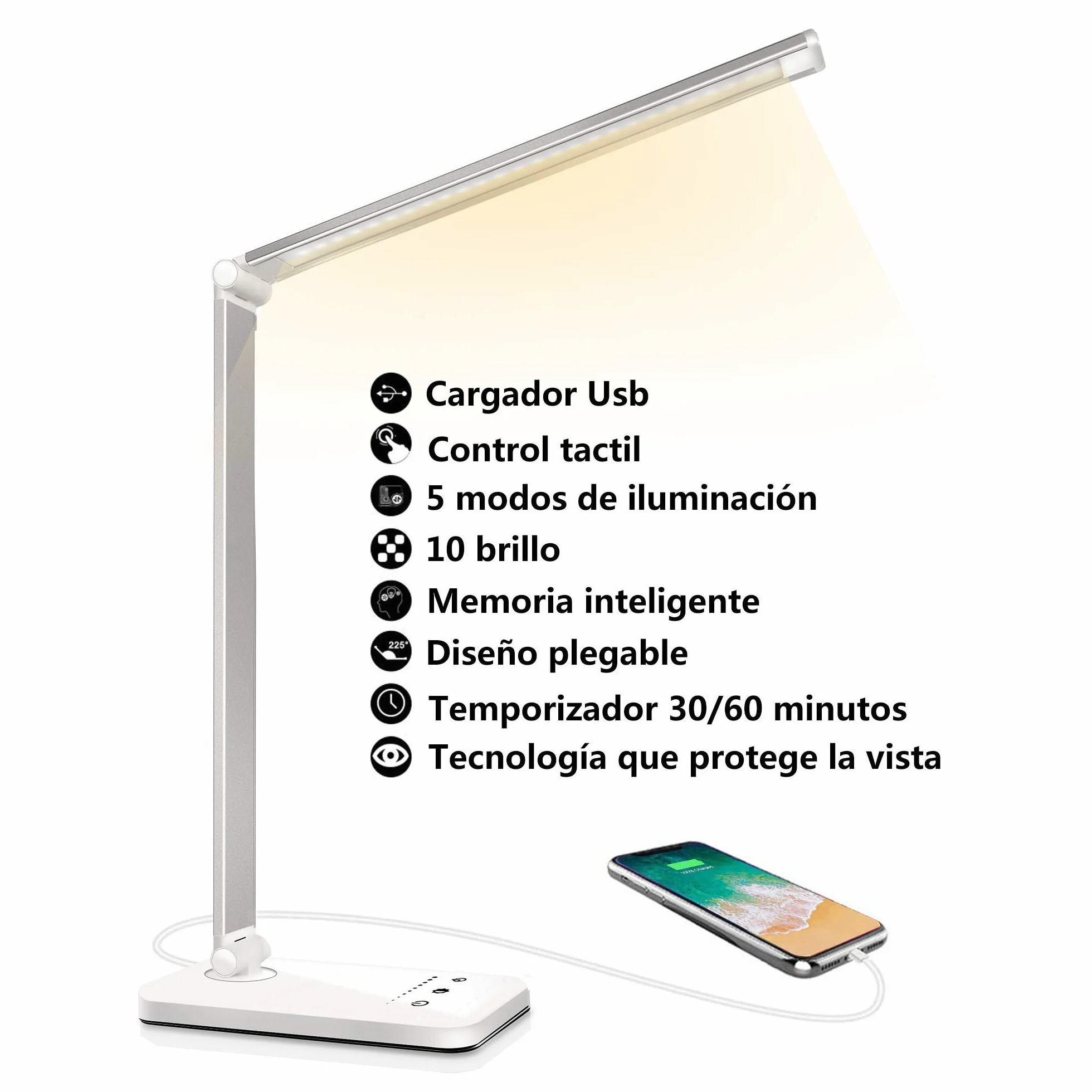 SLATOR Lámpara Escritorio LED Flexo Cuidado Ocular USB 5 Modos 10 Niveles Brillo Temporizador 30/60min Memoria
