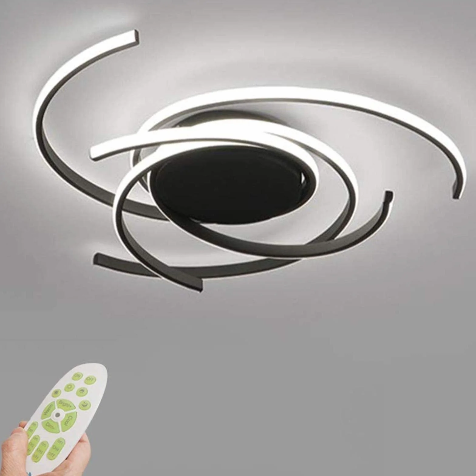 Lámpara de techo LED regulable con control remoto, araña de acrílico y metal, diseño flor espiral, negro