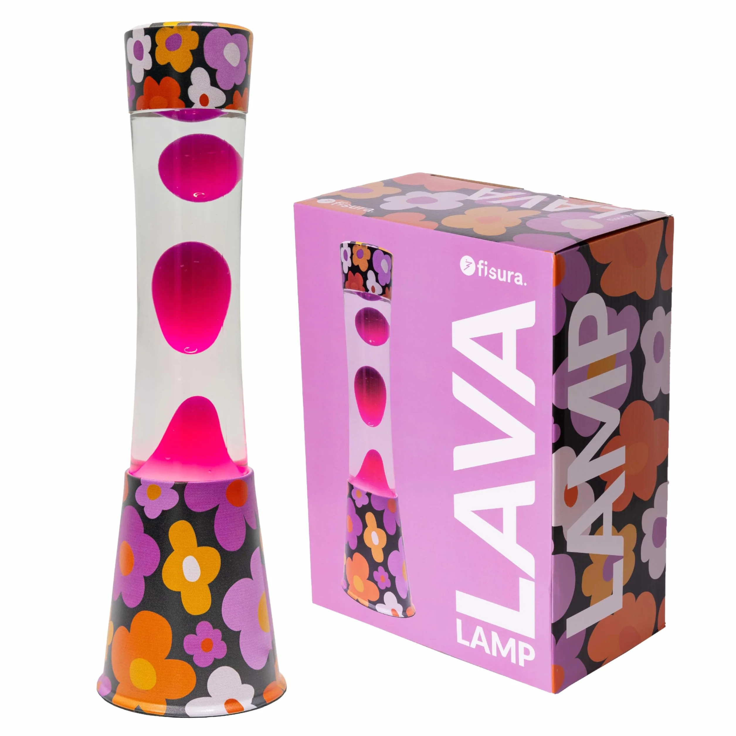 Fisura - Lámpara de lava “flores”. Base con estampado de flores, líquido transparente y lava rosa. Lámpara efecto relajante. Con bombilla de repuesto. 11 cm x 11cm x 39,5 cm.