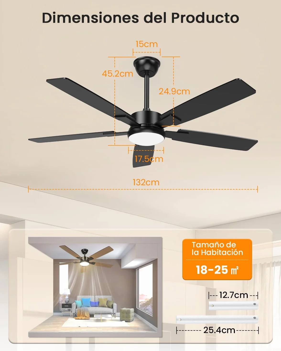 Ventilador de Techo con Luz Silencioso 132cm Aspas Reversibles Motor DC Regulable con Mando