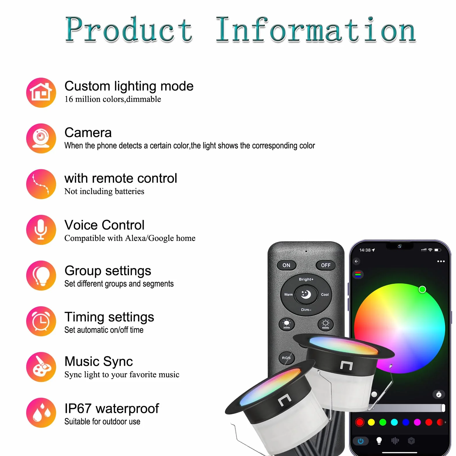 WiFi - Foco LED empotrable, exterior RGBW-GEYUEYA Home Ø45 mm 12 V RGB/blanco cálido, luces de terraza para Patio Path Steps de jardín con mando a distancia 24 teclas, lote de 30