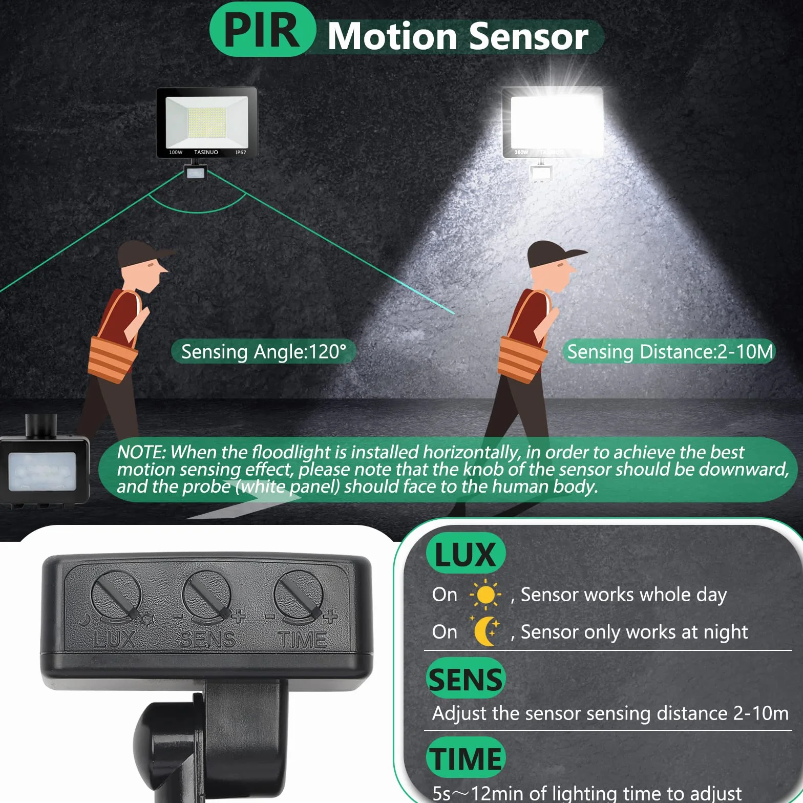 Foco LED con Sensor de Movimiento 100W, 10000LM 7000K Focos LED Exterior, IP67 Impermeable Luz LED con Sensor de Movimiento, 180 LEDs Luces Led Exterior para Jardin, Terraza, Garaje, Entrada