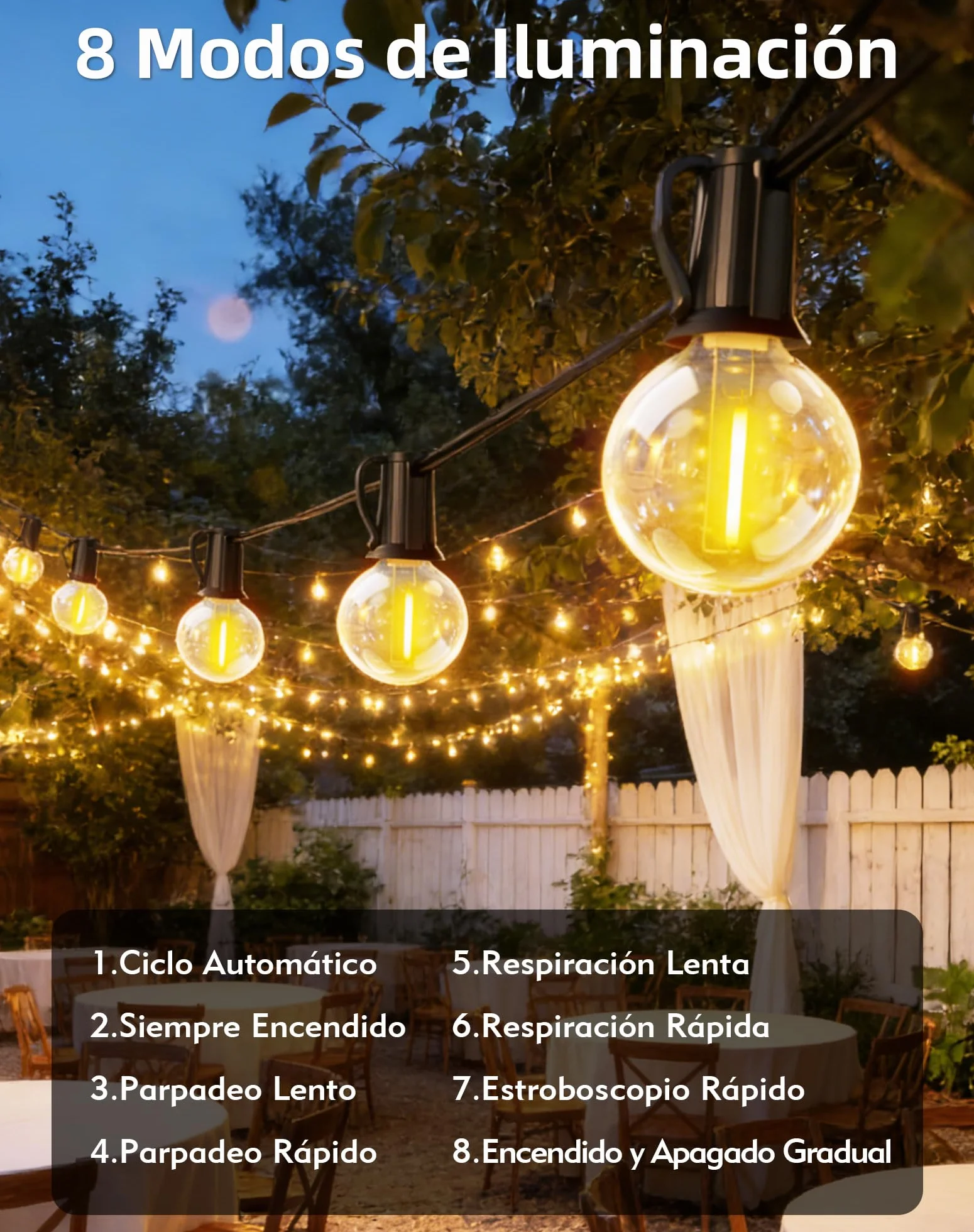 Guirnaldas Luces Exterior Solar 15M 25+3 LED G40 Impermeable IP44 3600 mAh 8 Modos Control Remoto