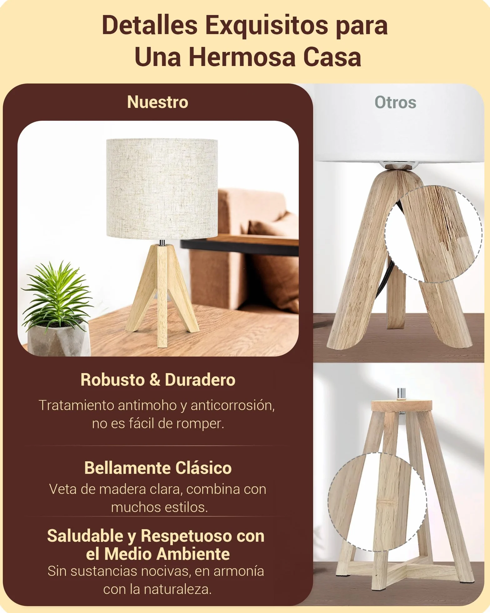 EDISHINE Lámparas de Noche de Madera 2 Unidades, Lámpara de Mesa Trípode E27, Pantalla de Lino Beige Vintage