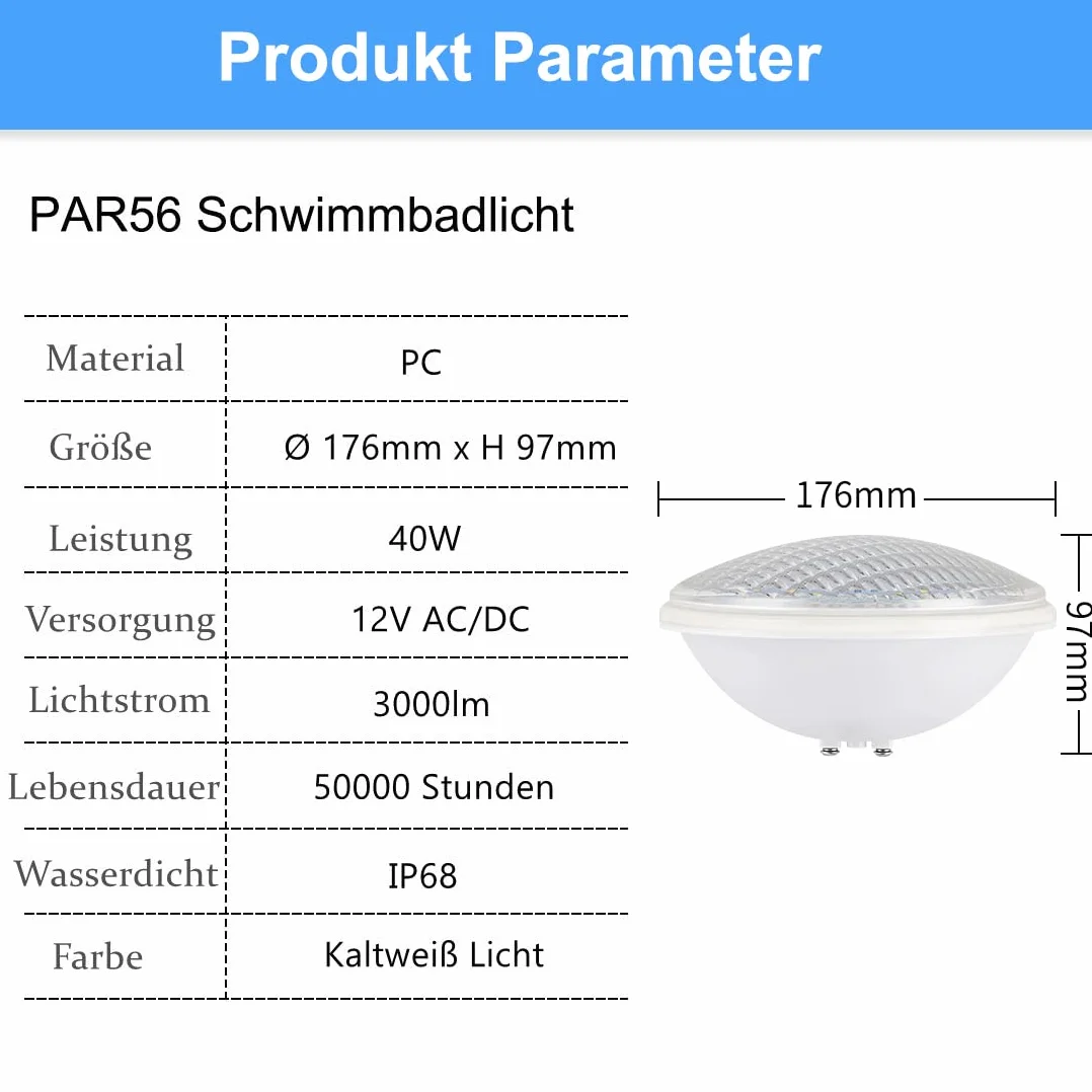 Lámpara LED para piscina, PAR56 luces para piscina, IP68 lámpara de piscina impermeable, 40W luz blanca fría subacuática, reflector de piscina de 12V AC/DC para paisaje, jardín, fuente