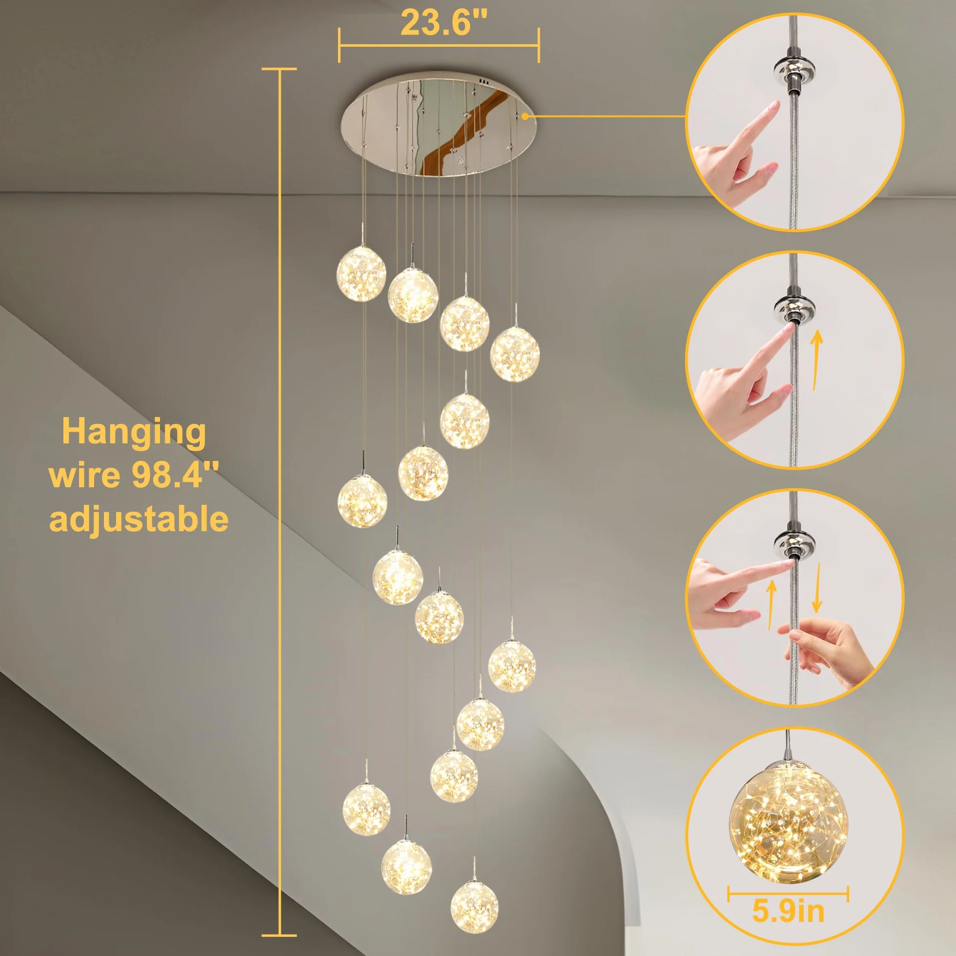 LED Lámpara Colgante 15 Bolas Cristal 75W Araña Gypsophila Ajustable Techo Moderna