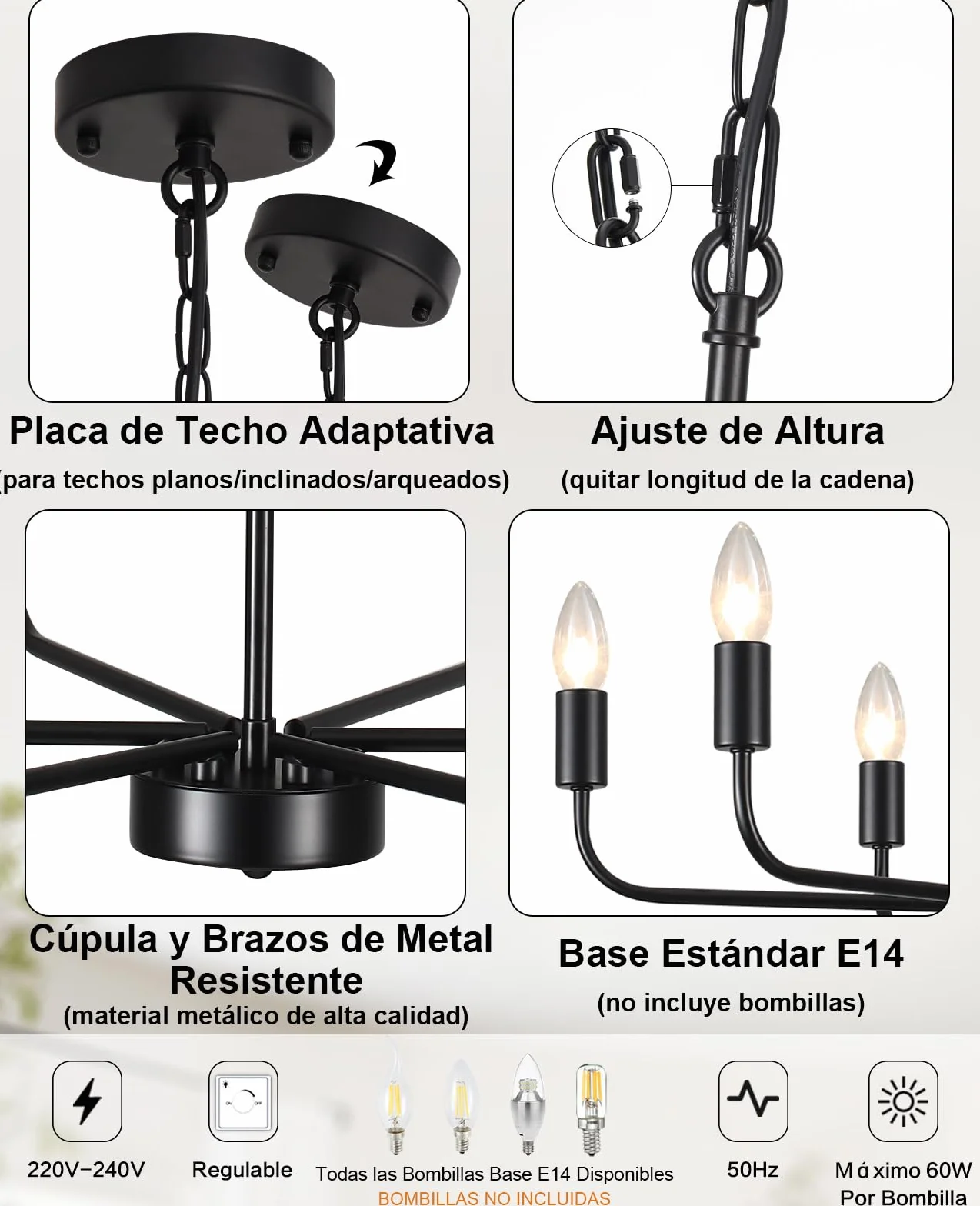 Lámpara Araña Techo Negro 6 Luces Vintage Industrial Colgante E14