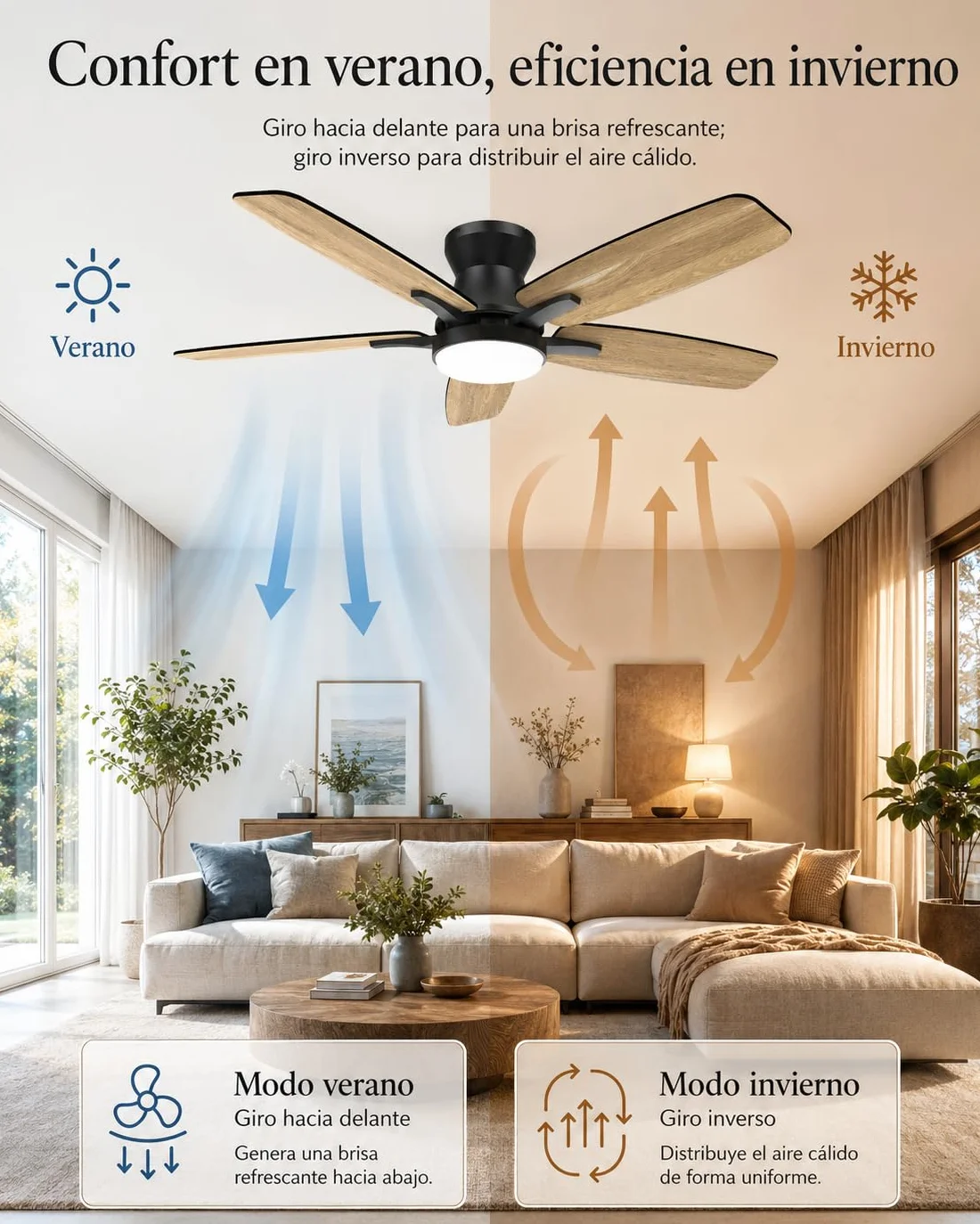 Airwit Ventilador de Techo con Luz Silencioso 106 cm, Mando a Distancia, Motor DC, 6 Velocidades, Aspas Doble Cara