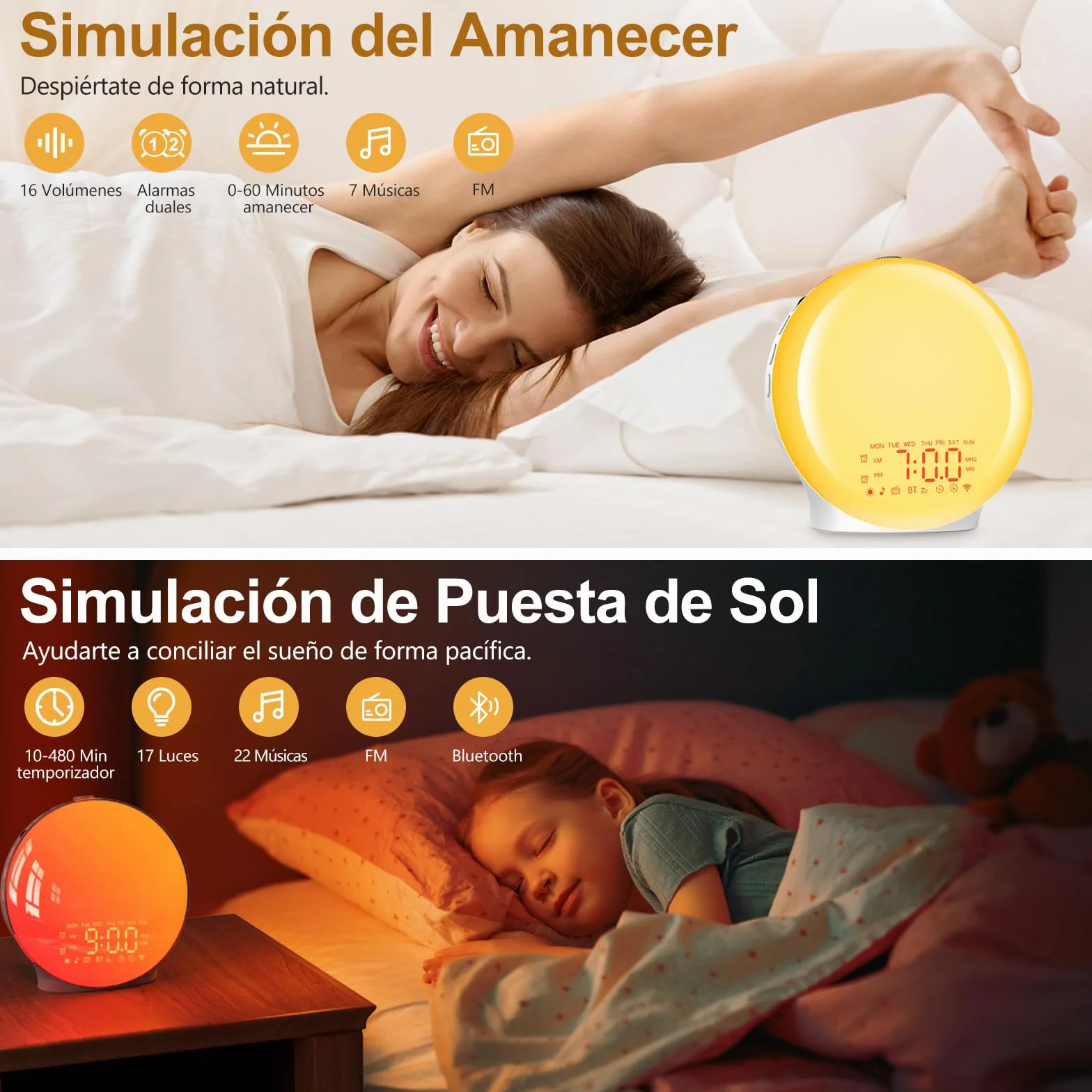 Despertador Luz Bluetooth Wake Up Light Simulación Amanecer Atardecer 17 Colores 2 Alarmas 20 Brillo 22 Sonidos Snooze Radio FM