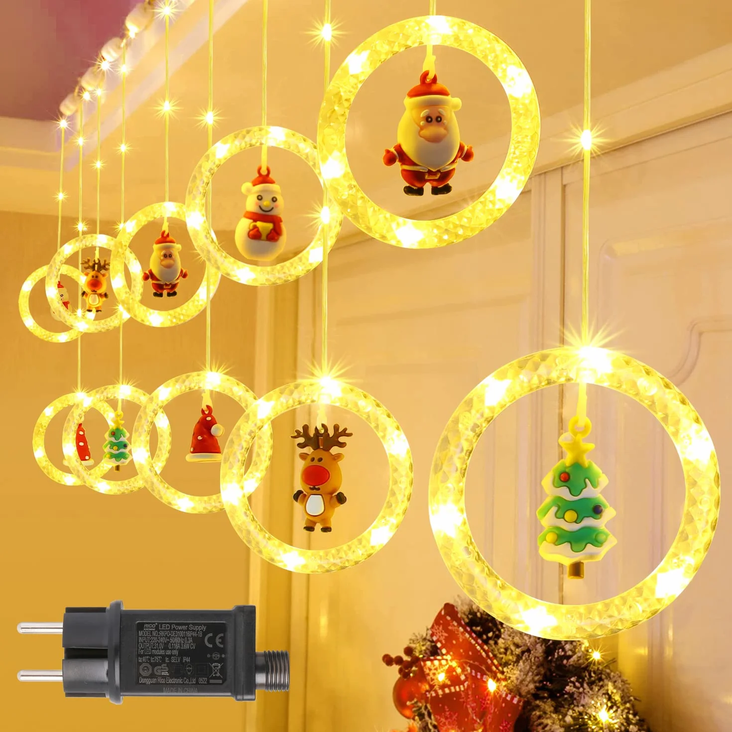 GlobaLink 3M x 0.7M Cortina Luces Navidad Enchufe con 10 Anillos Estatua, Impermeables 8 Modos Adornos para Natal Ventana Bodas Exterior Interior, Luz de Cadena Guirnalda, 100 LED, Blanco Cálido
