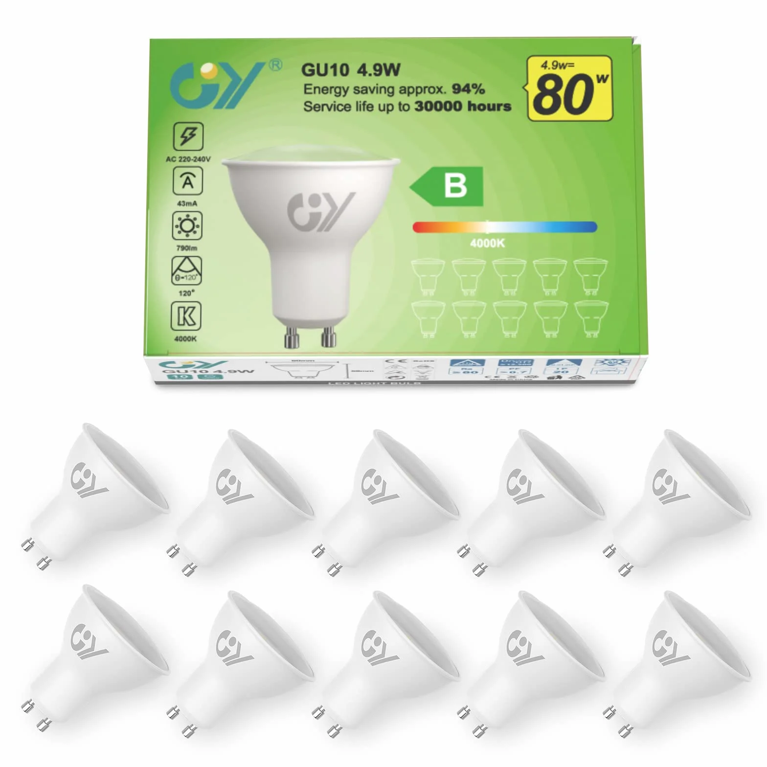 Bombilla LED GU10 4.9W 4000K Blanco Neutro 790LM Pack de 10