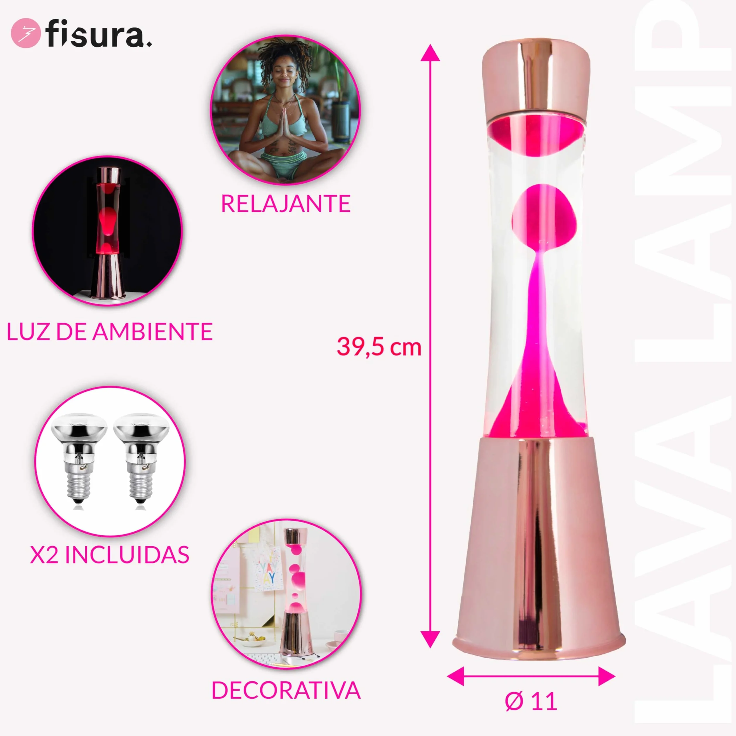 Fisura - Lámpara de lava rosa. Base cromada oro rosa, líquido transparente y lava. Lámpara efecto relajante. Con bombilla de repuesto. 11 cm x 11cm x 39,5 cm