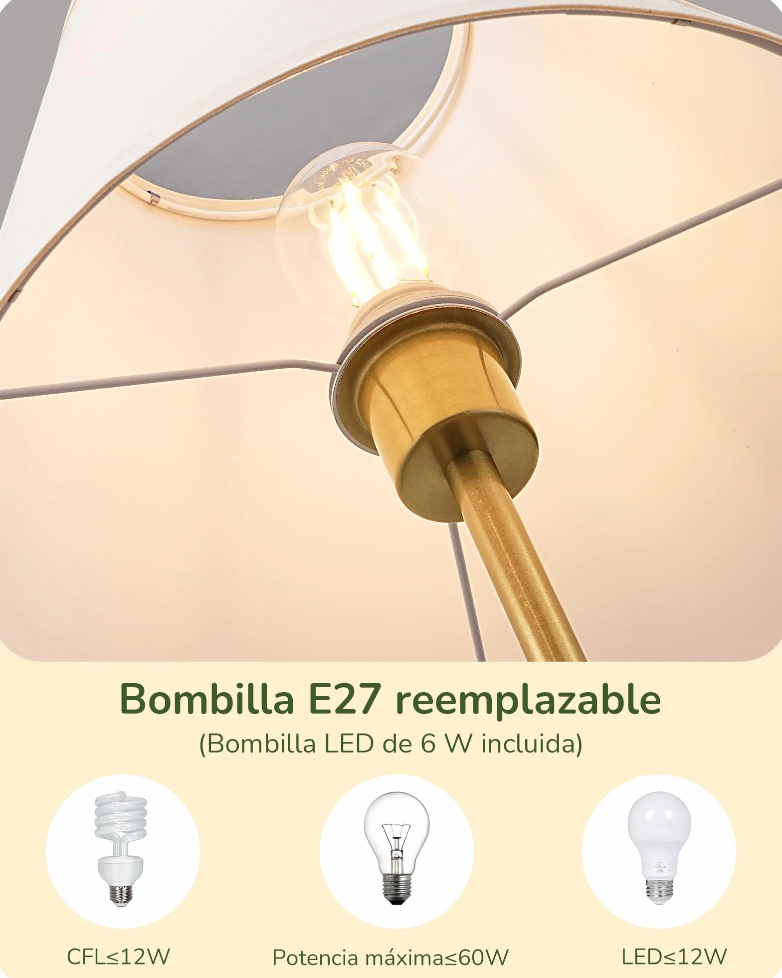EDISHINE Lámpara de Pie Retro, Pantalla Algodón-Lino, Estructura Metálica, Bombilla LED 2700K Incluida, E27