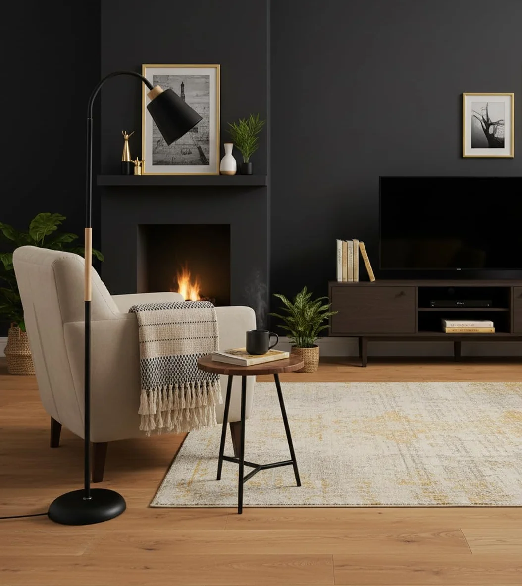 Lámpara de Pie SWEDEN Metal Madera 150cm Acabado Mate Brazo Orientable E27 Iluminación Escandinava Negro