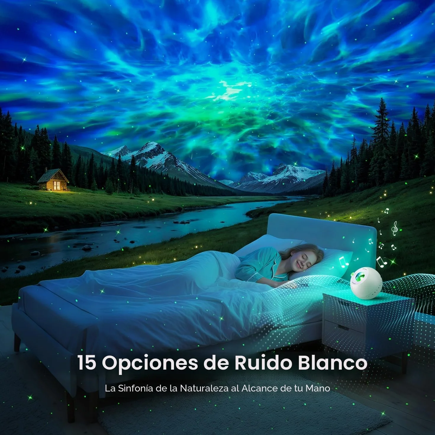 One Fire Proyector de Galaxias y Estrellas Real, 15 Colores 360 Modo Luces LED, Ruido Blanco Bebe Bluetooth Luz Nocturna Infantil Lampara LED