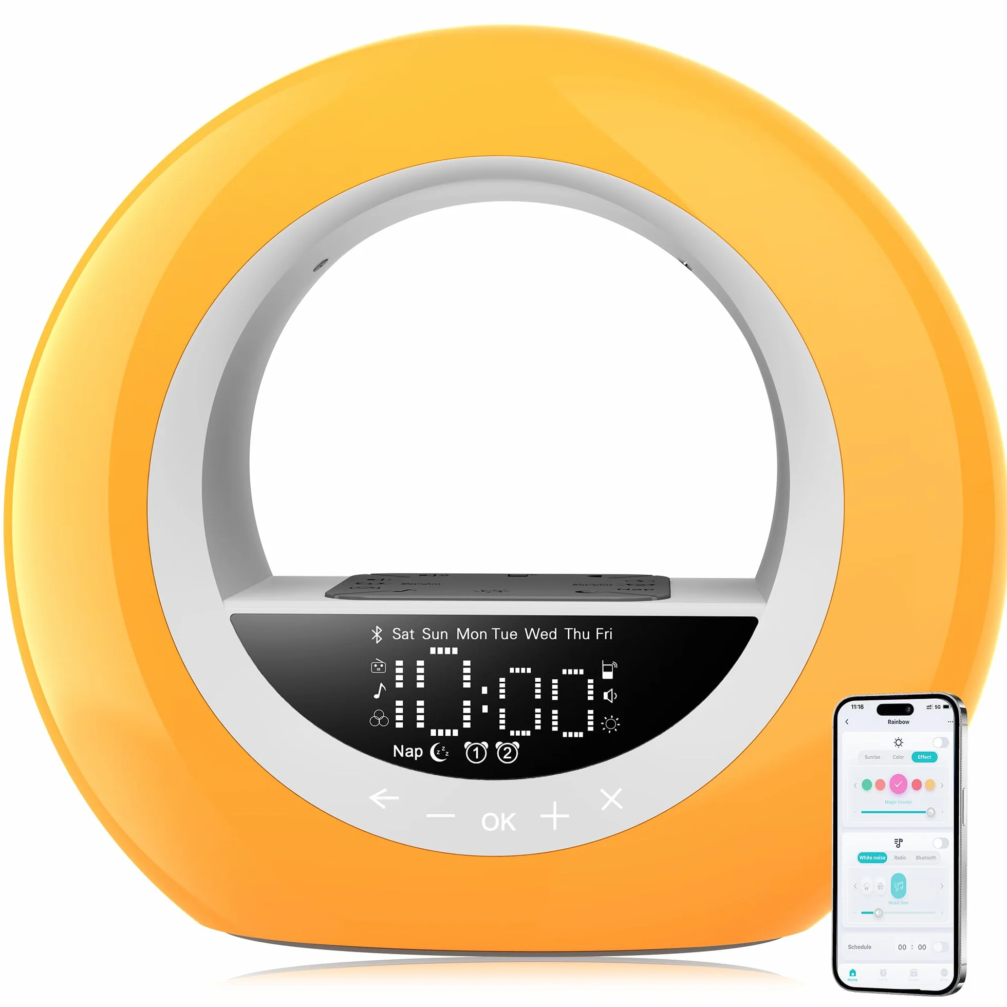 Despertador con Luz de Amanecer, Despertador Lumínico con Control por Aplicación, Altavoz Bluetooth, Simulación Amanecer y Atardecer,Radio FM,16 Colores,7 Sonidos de Naturaleza, 2 Alarmas (Amarillo)