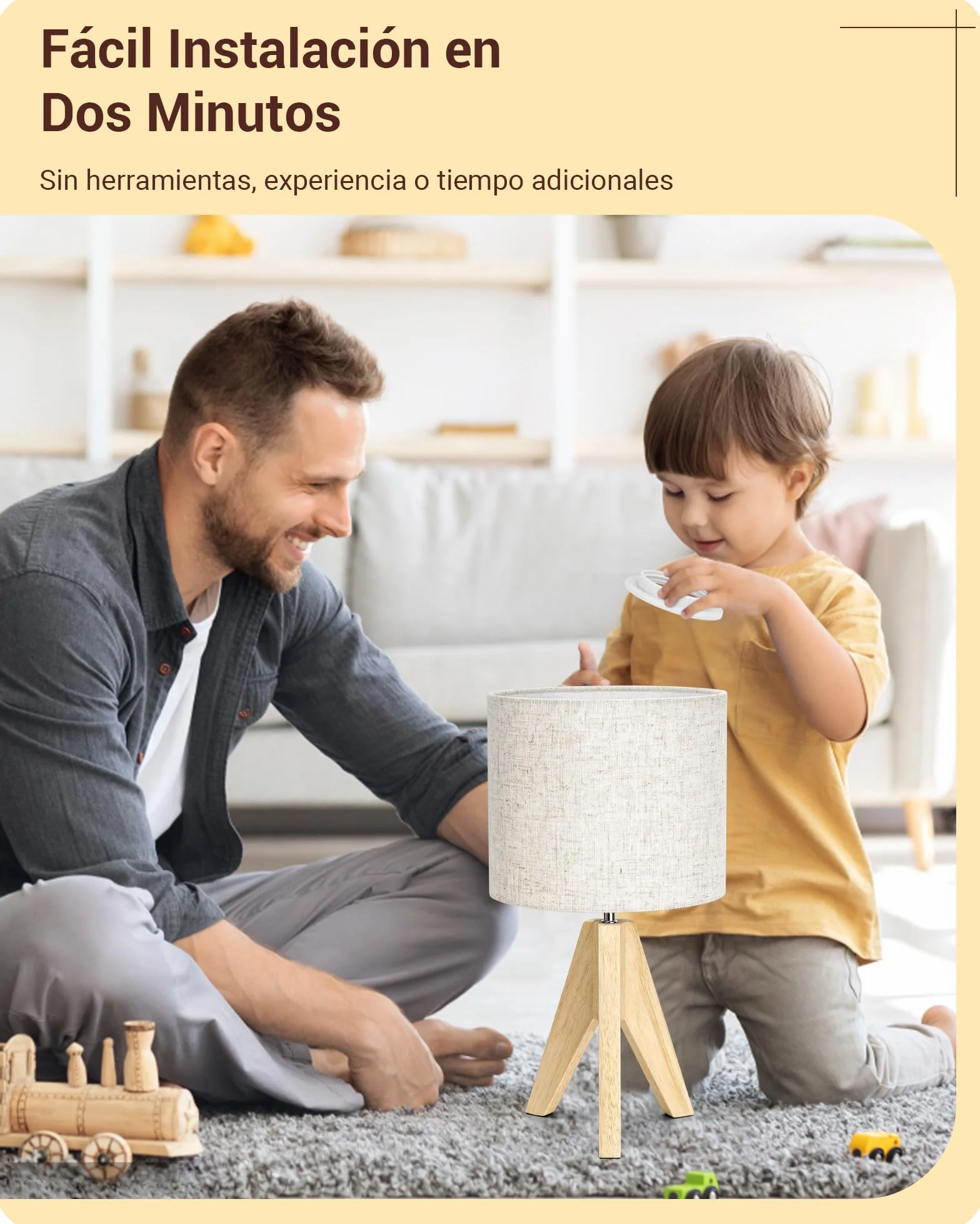 EDISHINE Lámparas de Noche de Madera 2 Unidades, Lámpara de Mesa Trípode E27, Pantalla de Lino Beige Vintage