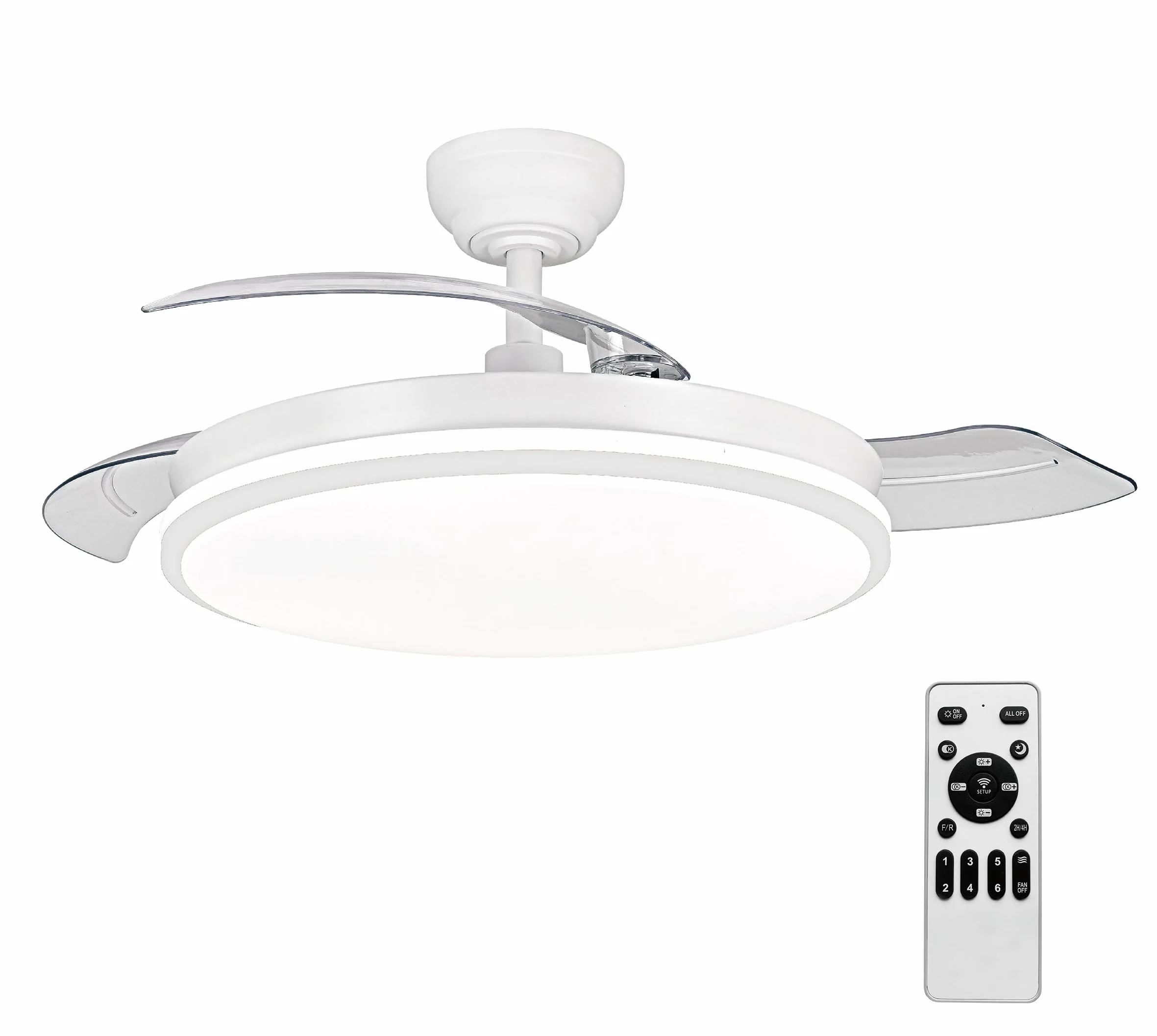 LEDUNI Ventilador con Luz LED 72w 7590LM con mando a distancia, Motor DC temporizador, 6 velocidades, aspas retráctiles, 3 temperaturas de luz, función verano-invierno Silencioso (Blanco)