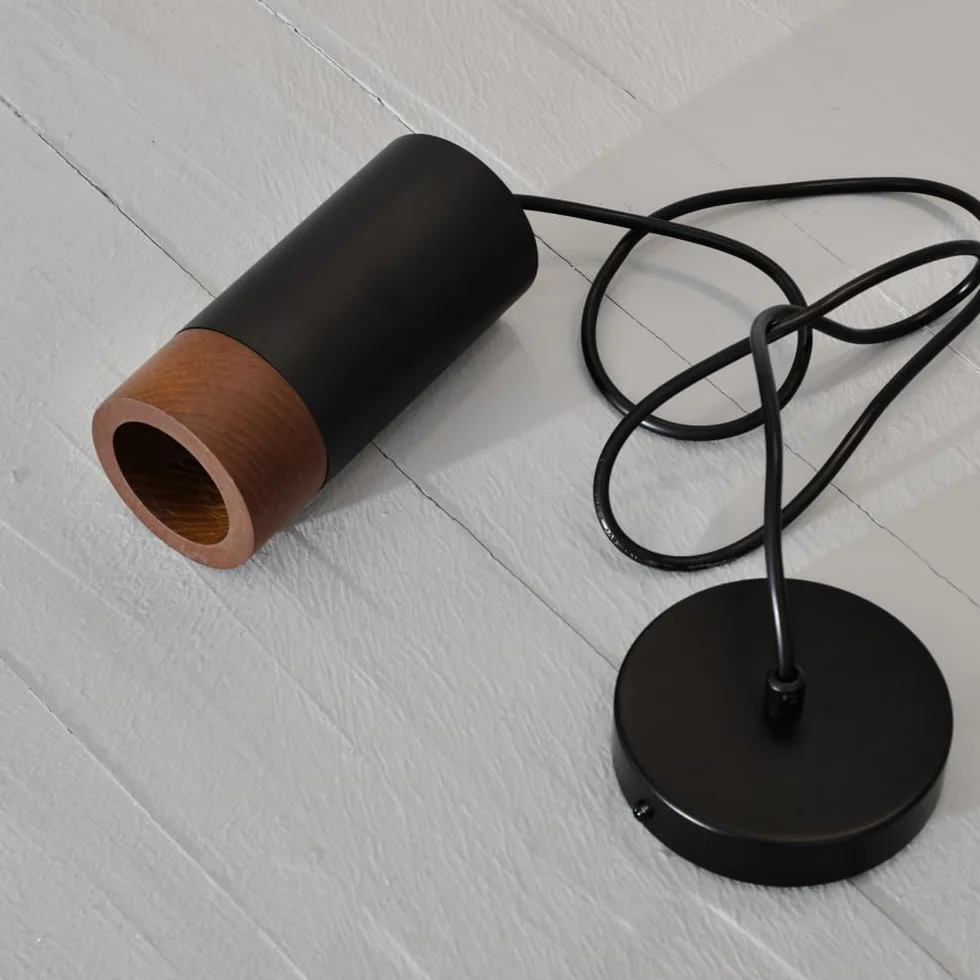 Lámpara Colgante de Madera Vintage Cilindro Negro GU10 Aluminio Industrial para Cocina Comedor Salón
