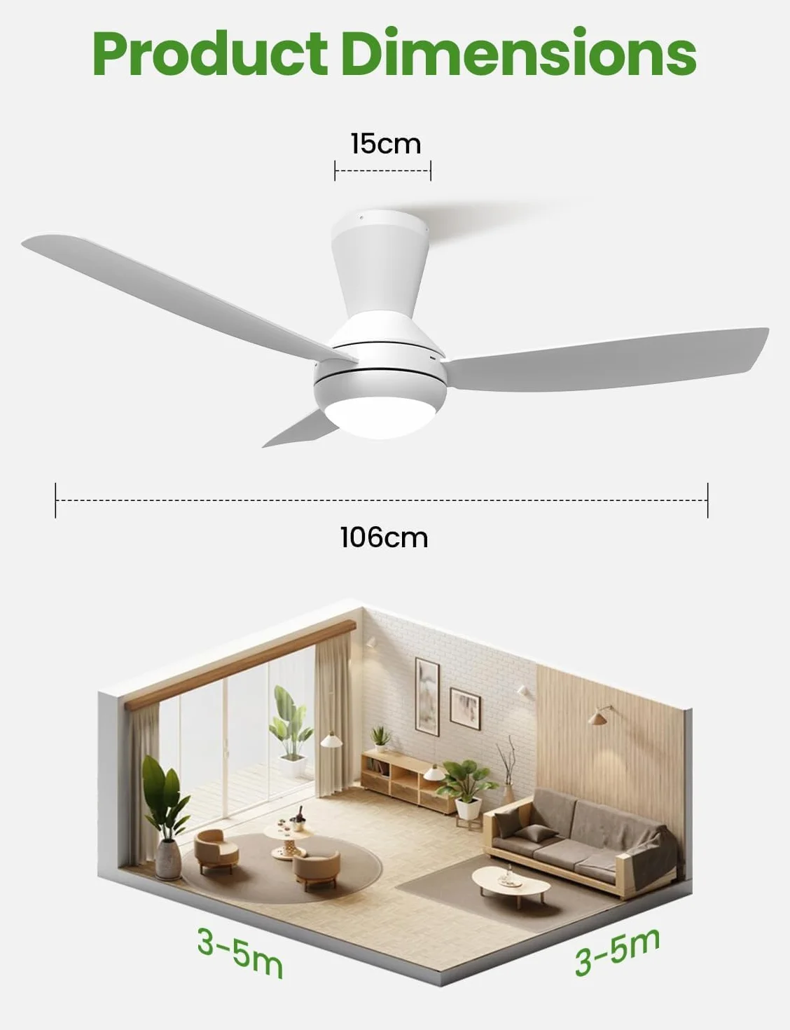 Airwit Ventilador de Techo 106cm con Luz LED Regulable, 3 Aspas, Silencioso, Mando, 6 Velocidades, Blanco