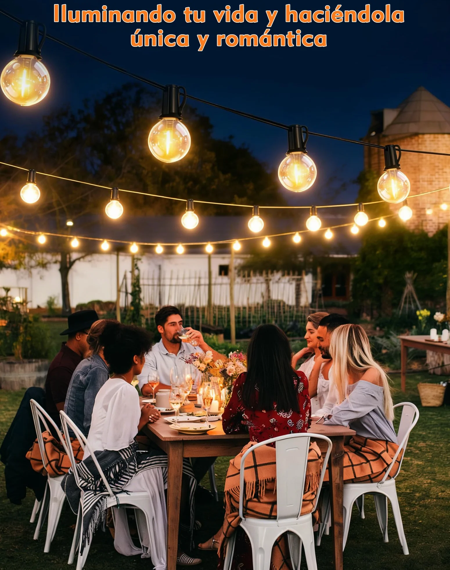 Guirnaldas Luces Exterior Solar 10M LED 15+1 Bombillas 8 Modos Impermeable con Control Remoto para Jardín Patio