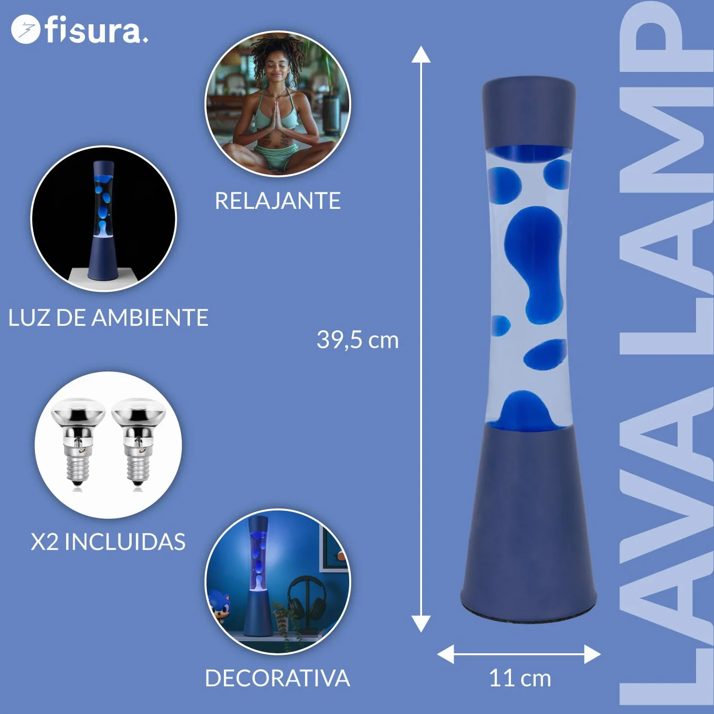 Lámpara de lava azul 11x11x39,5 cm con bombilla de repuesto