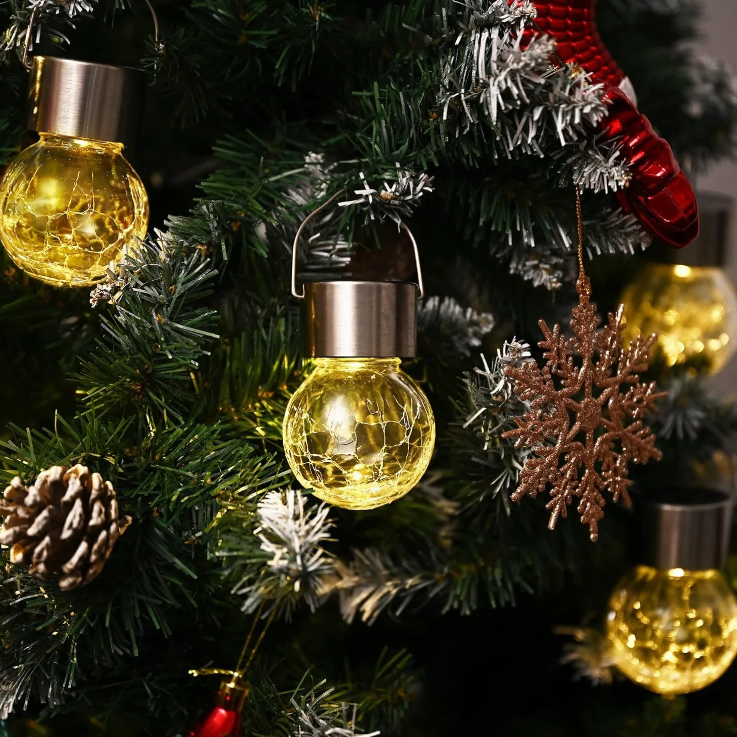 GIGALUMI Paquete de 12 luces solares para exteriores, luces solares colgantes para decoración de Navidad, luces solares de vidrio agrietado para exteriores, impermeables, para jardín, patio, valla,