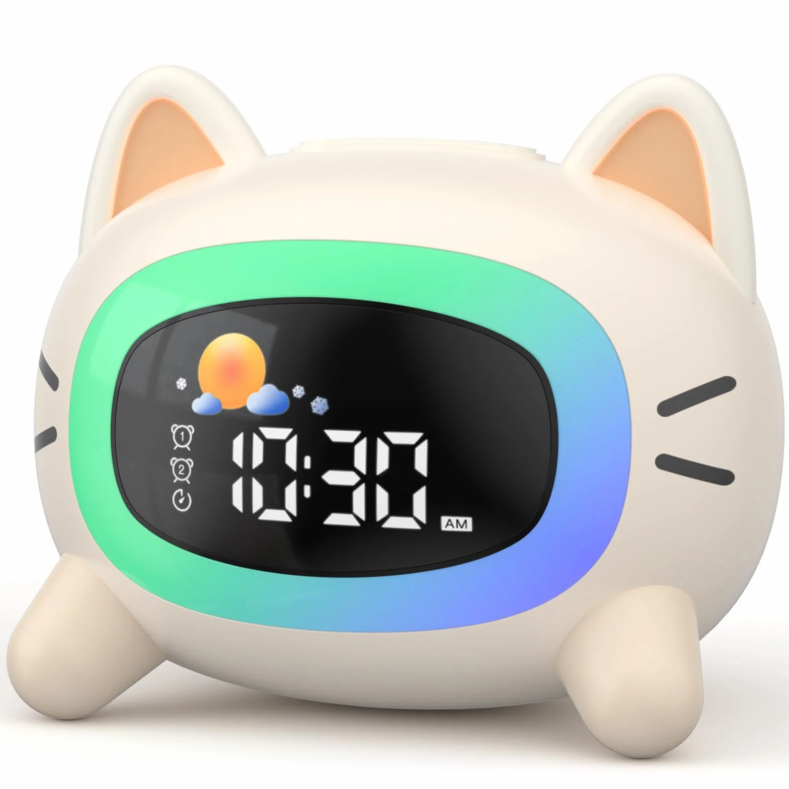 LIORQUE Despertador Infantil con Luz Nocturna, 4 Niveles de Brillo, 5 Colores, 7 Música, Recargable (Gatito Blanco)