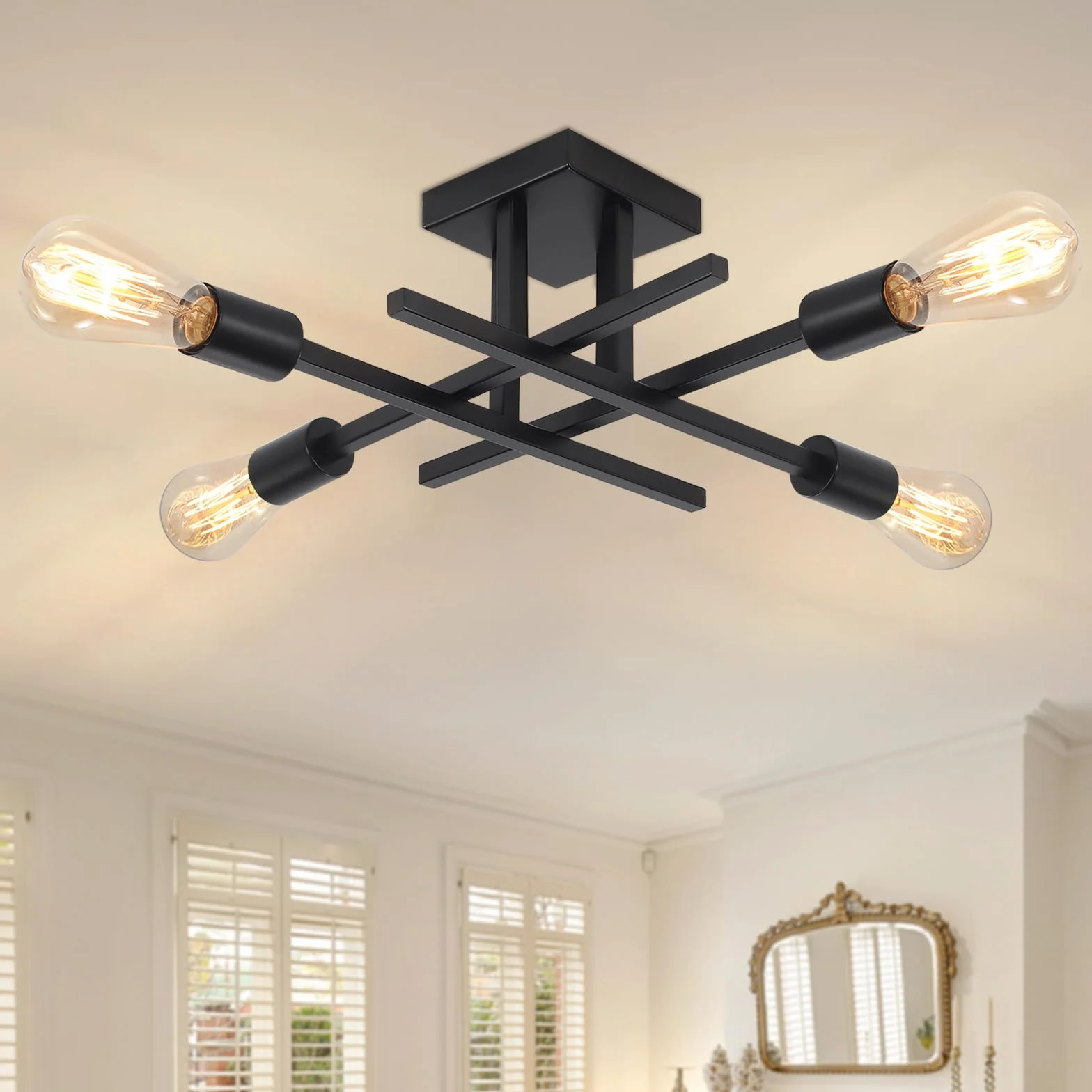 Lampara Techo Negro 4 Luces Vintage E27 para Salon Comedor Cocina