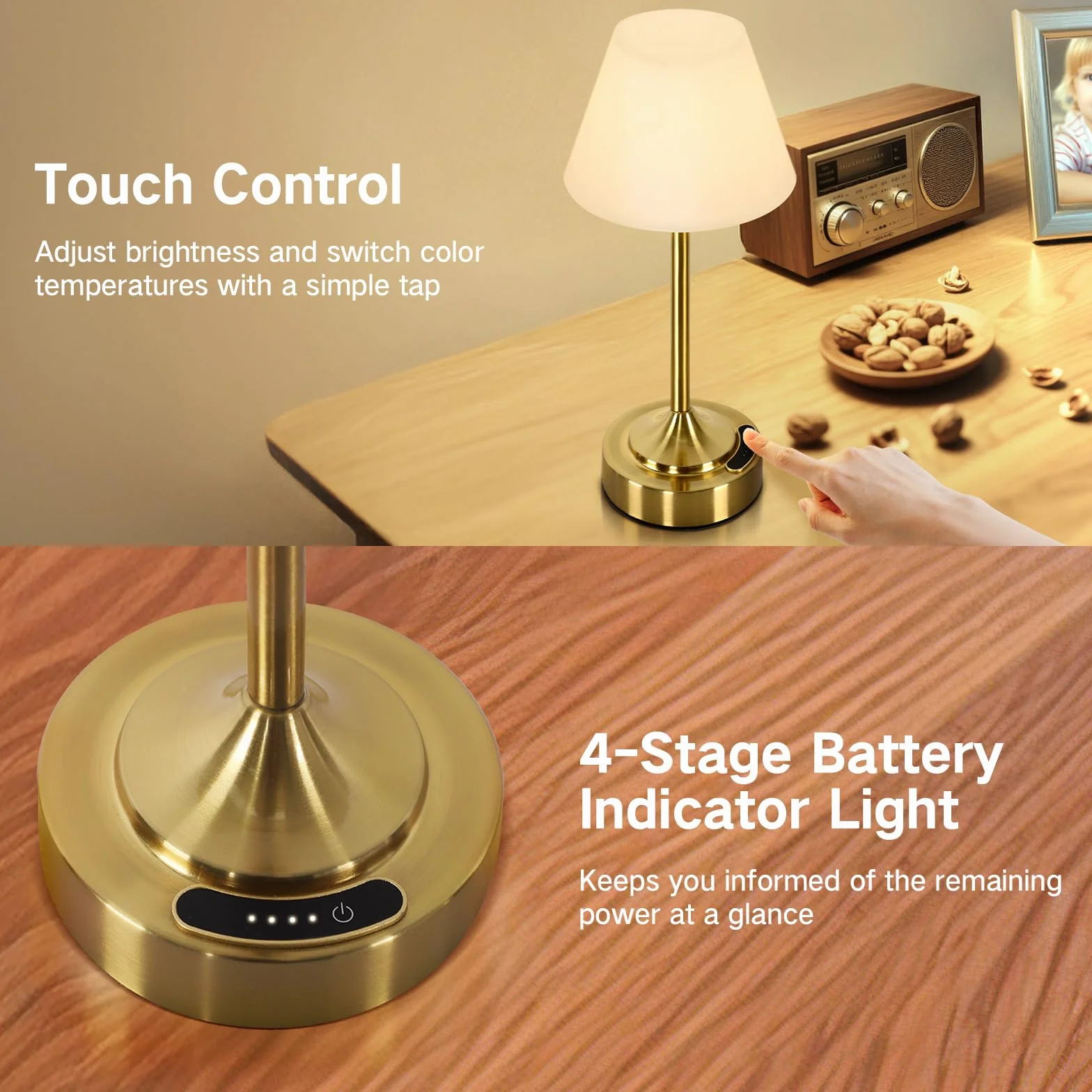 OUTON Pack 2 Lámparas de Mesa LED Sin Cable – Indicador de Batería, Regulación Táctil, USB-C, 3 Tonos (3000–6000K), IP54, Hasta 53h de Autonomía, para Dormitorio, Baño, Terraza (Oro)