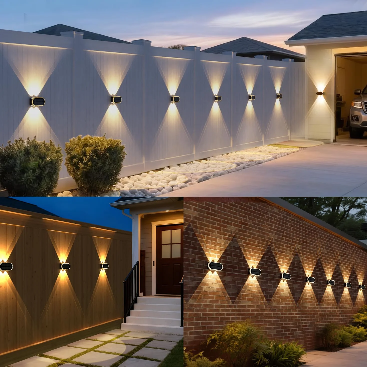 Aplique Solar Exterior Pared: Lámparas Solares Exteriores Arriba y Abajo - IP65 Impermeable Luces Solares Exterior para Jardin Garaje Cerca Muro (4 Piezas)
