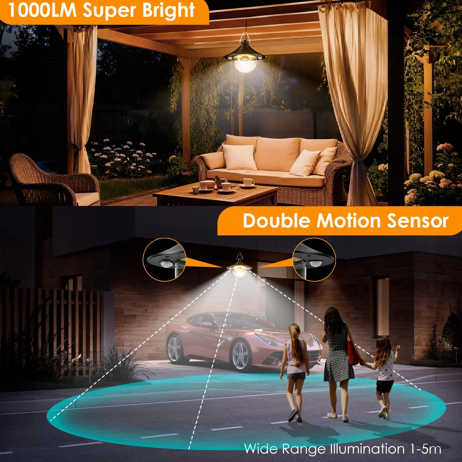 Quntis Lámpara Solar Colgante Interior Exterior 1000LM con Mando a Distancia 2 Piezas, 3 Temperaturas de Color, Sensor de Movimiento, IP65 Impermeable, Luz Solar Techo para Jardín Garaje Terraza