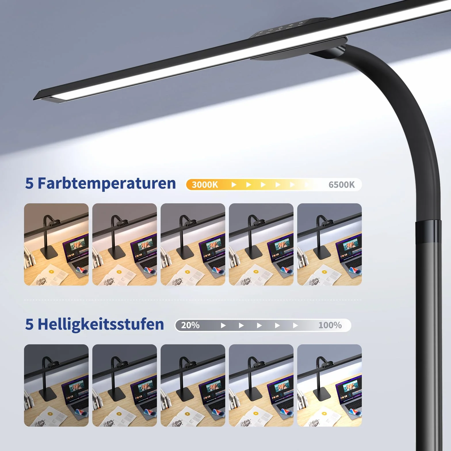 Kary Lámpara de escritorio LED con base, 24W 80cm 1800Lumen Lámpara de luz diurna regulable ultra brillante con Standfu para oficina, trabajo, diseño, arquitecto, regulación automática