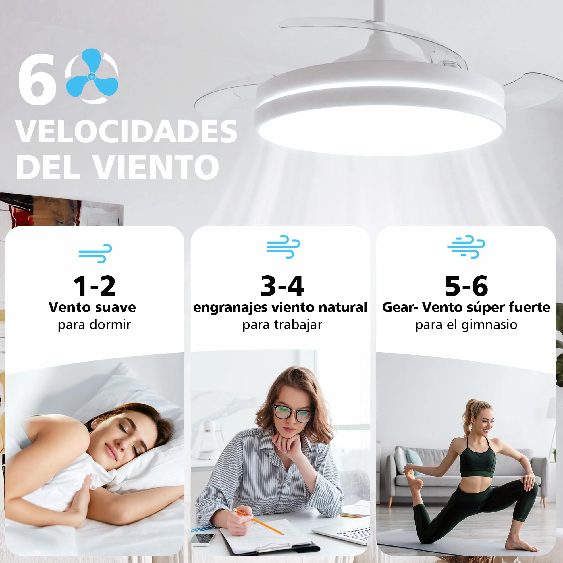 NIORSUN Ventilador de techo con luz,42" (106cm) Ventilador de techo,3 tonalidades, aspas desplegables, 40w 6 velocidades, APP&control remoto, Función Verano-Invierno,Blanco