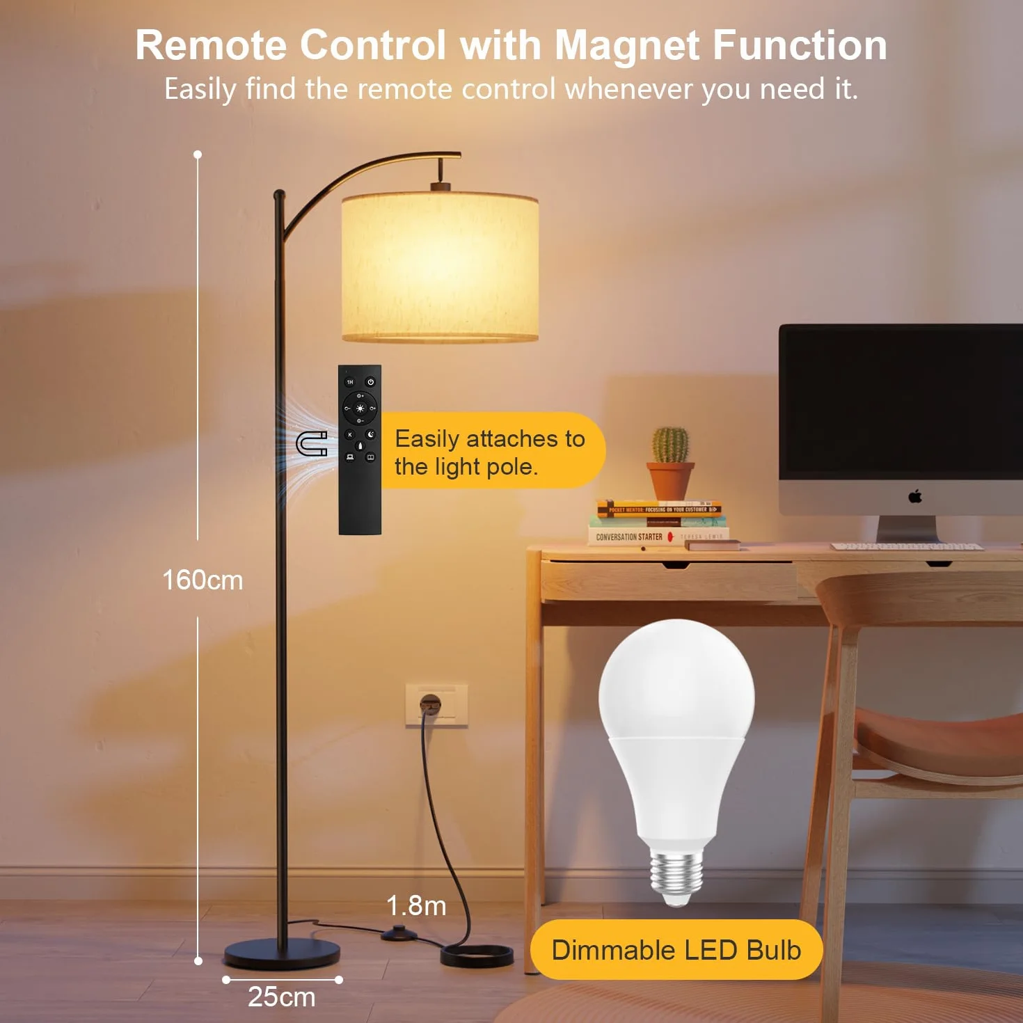 GLUROO Lámpara de Pie con Control Remoto, Moderna, 3 Colores, Brillo Regulable