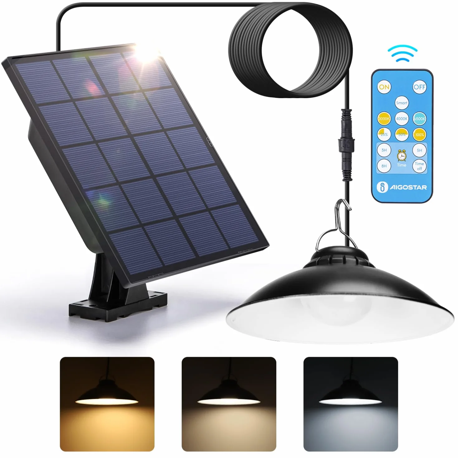 Aigostar - Luz solar exterior con mando a distancia,batería de gran capacidad y resistente al agua IP65, regulable, Lámpara de techo solar con cable de 3 m para jardín/interior/exterior