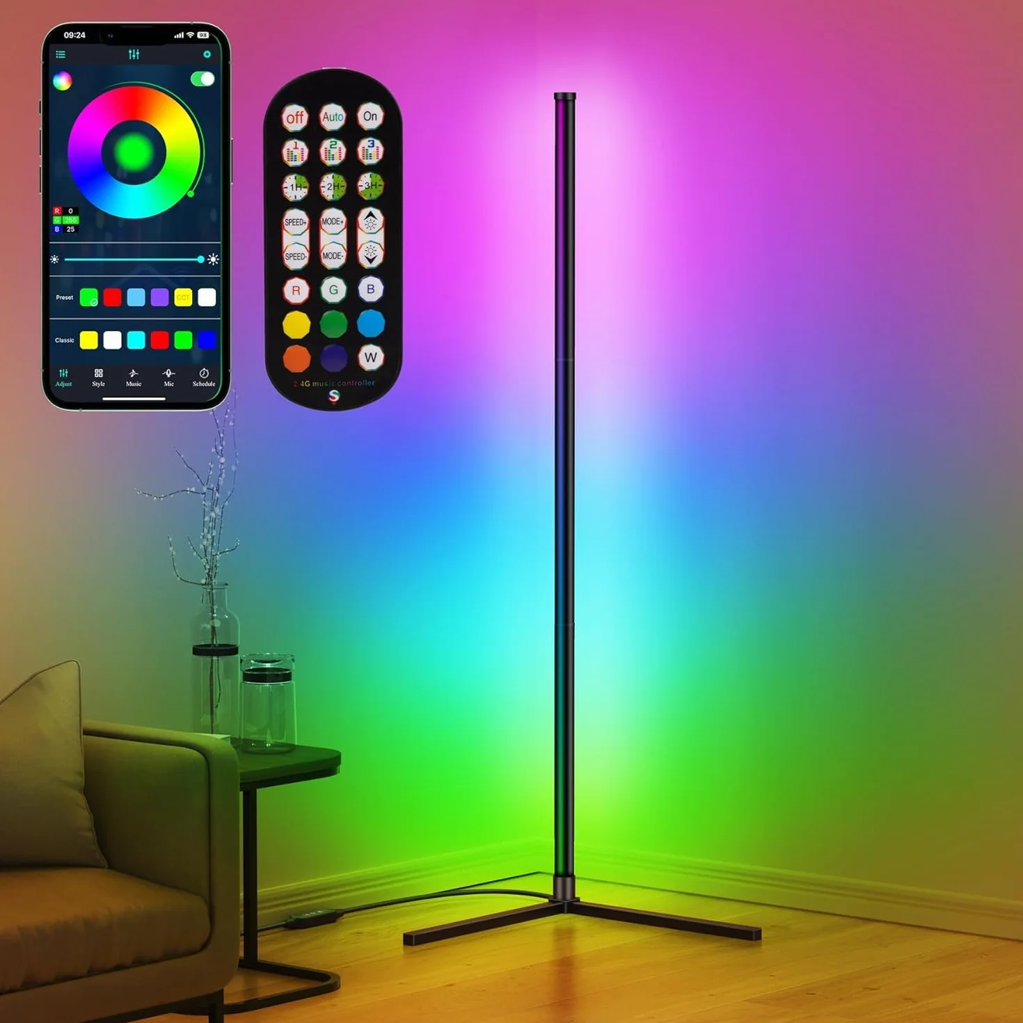 Riyo Lámpara de Pie LED RGB con APP y Mando a Distancia, 16 Millones de Colores, Sincronización de Música