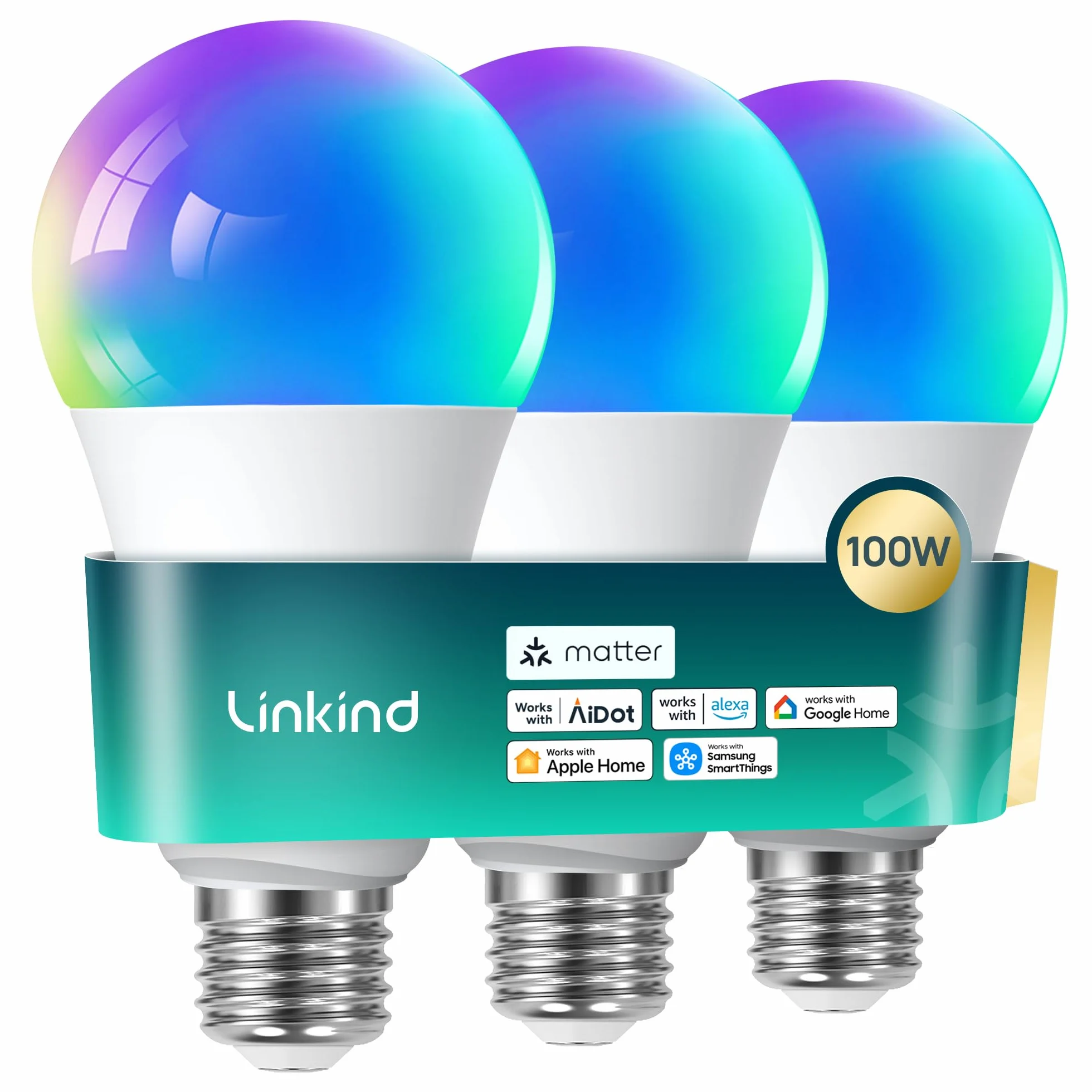 Linkind Bombilla Inteligente E27 Matter de 1600 lm, Compatible con HomeKit (104 escenas), 14 W, RGBTW de 2,4 GHz,Compatible con Apple HomeKit/Alexa/Siri/Google/SmartThings, 3 unidades