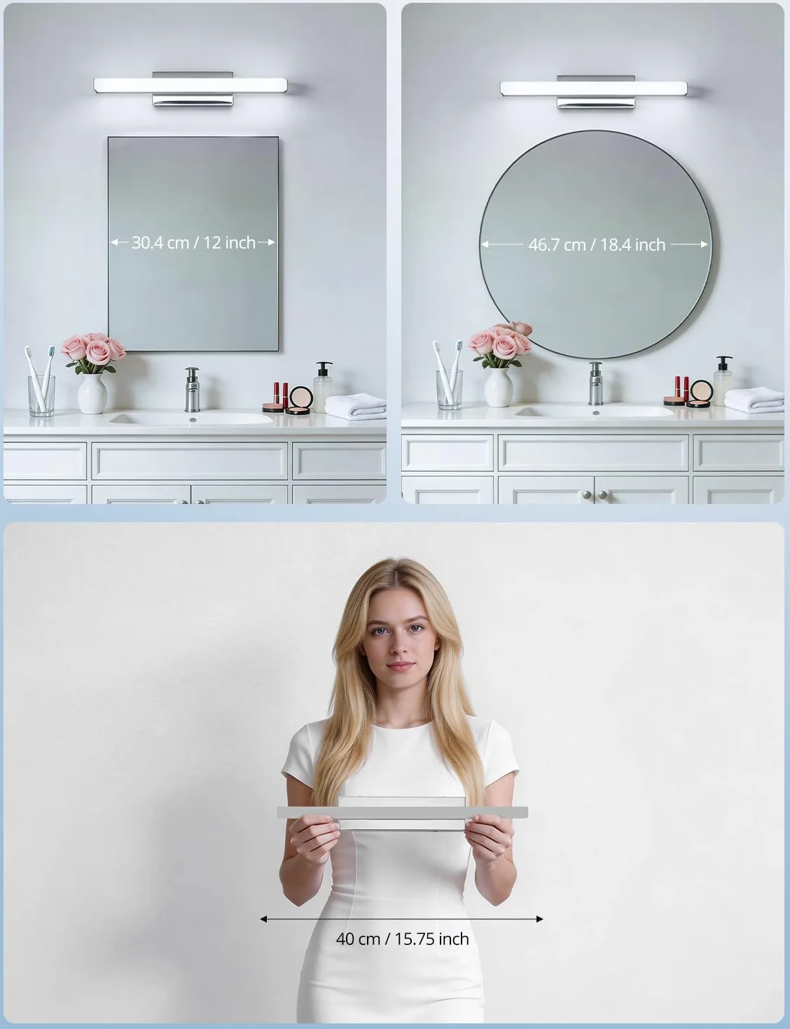 Yafido Aplique Espejo de Baño 40CM LED 9W Cromo IP44 6000K 230V Luz Maquillaje