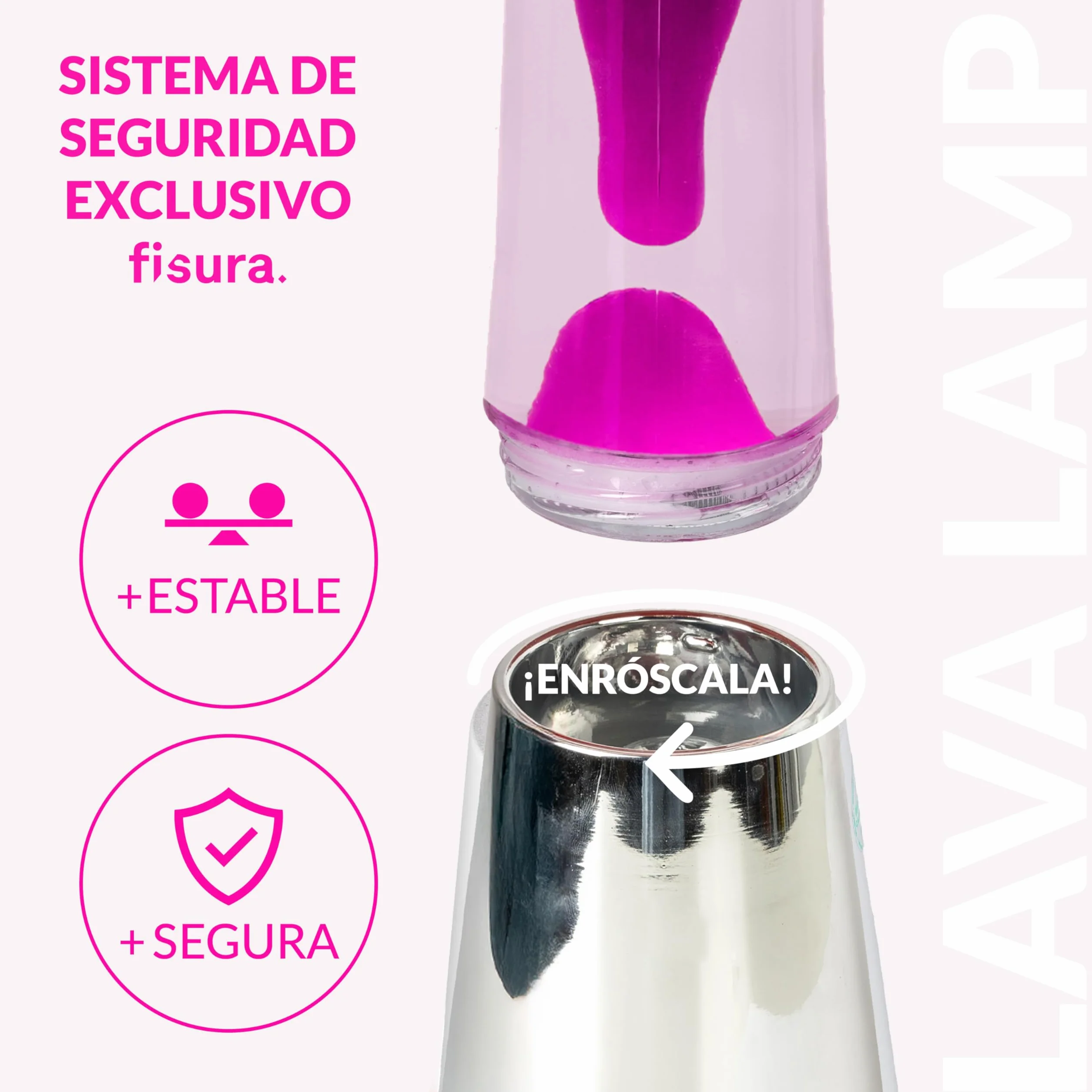 Fisura - Lámpara de lava rosa. Base cromada oro rosa, líquido transparente y lava. Lámpara efecto relajante. Con bombilla de repuesto. 11 cm x 11cm x 39,5 cm