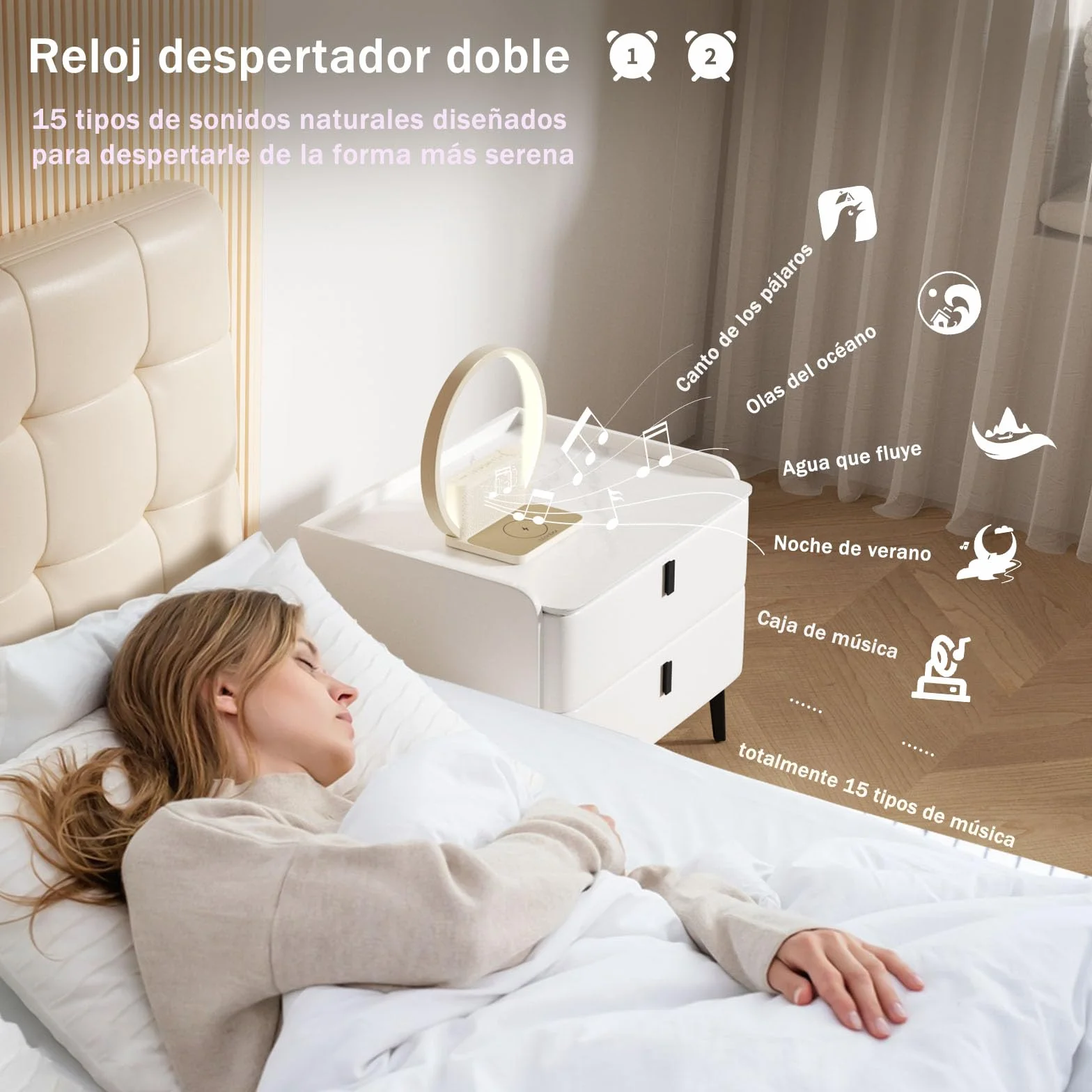 blonbar Lámpara de mesilla de noche con despertador iluminado, luz para despertarse, cargador inalámbrico de 10 vatios,3 niveles de brillo atenuación táctil, música, ayuda para dormir en el dormitorio