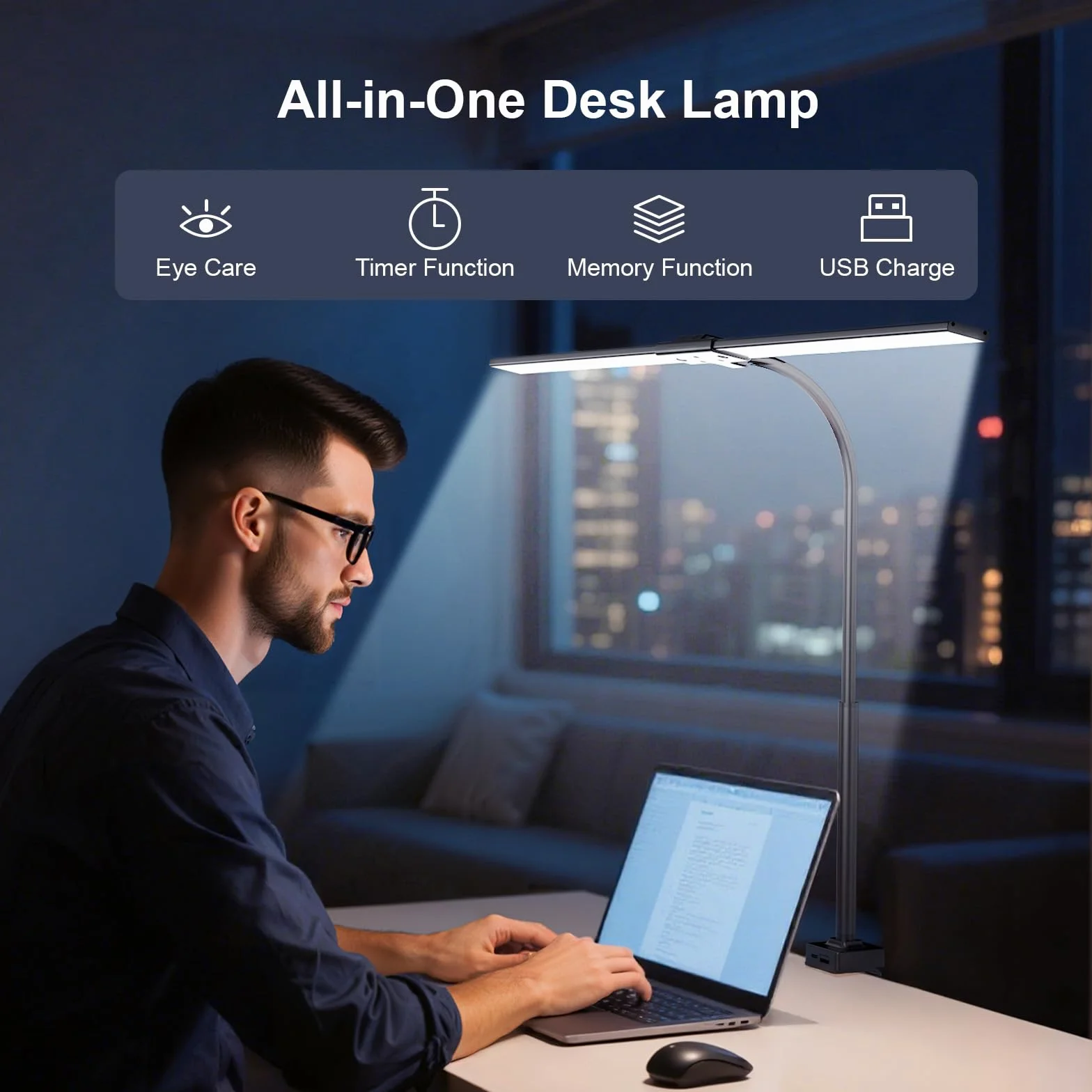 Lampara de Escritorio LED 24W 1500LM 80CM Flexo con Control Remoto Puerto USB Negro