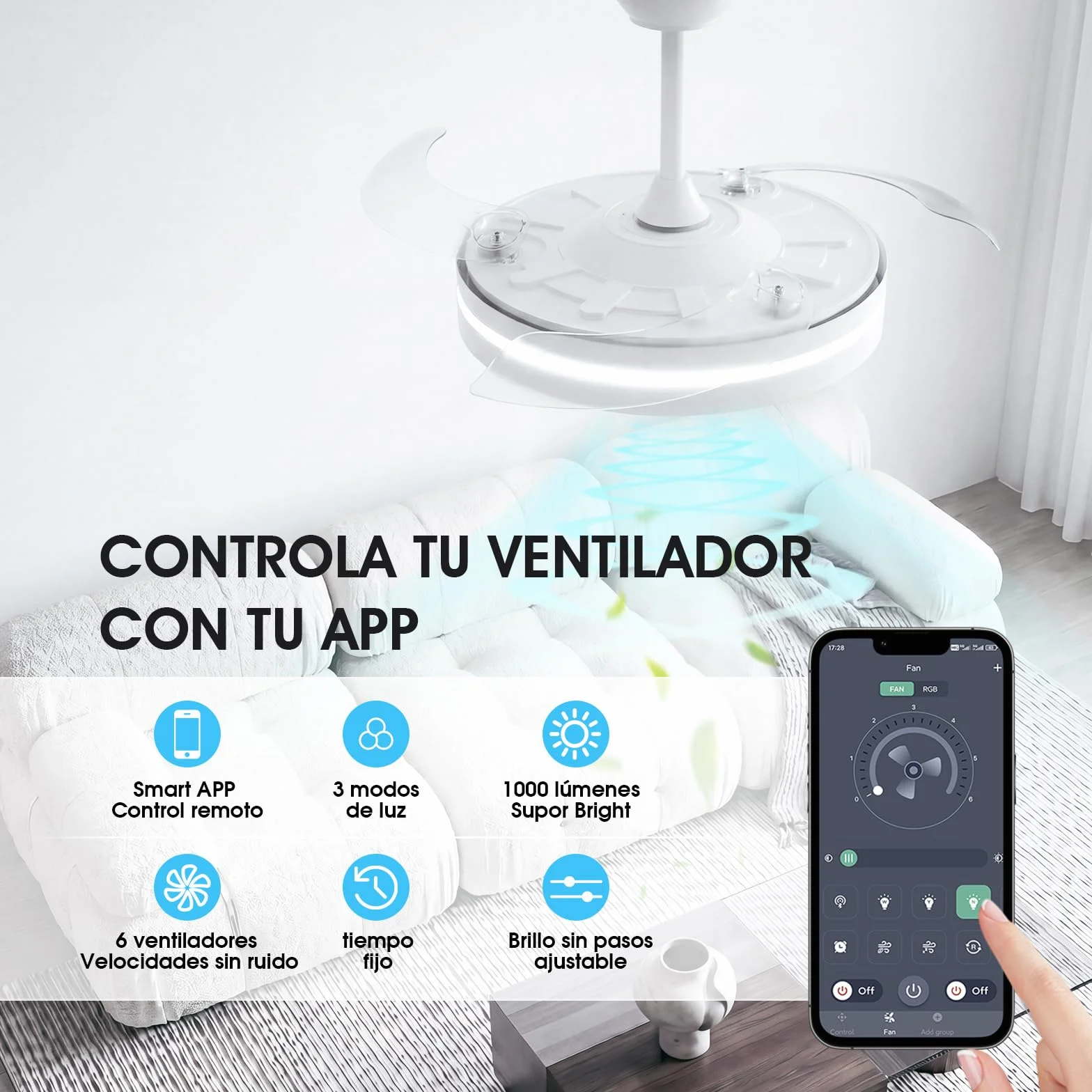 NIORSUN Ventilador de techo con luz,42" (106cm) Ventilador de techo,3 tonalidades, aspas desplegables, 40w 6 velocidades, APP&control remoto, Función Verano-Invierno,Blanco