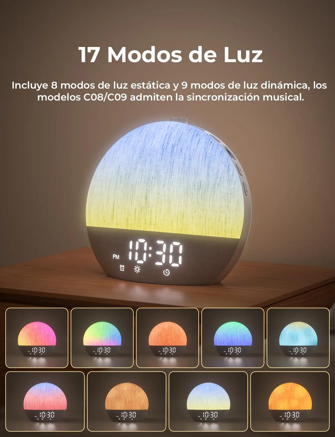 LIORQUE Despertador Amanecer, Despertador Luz Natural Simulación de Amanecer, 17 Modos de Luz, 30 Sonidos Relajantes, Modo de Ayuda para Dormir, Conexión Bluetooth, Función Alarma y Snooze