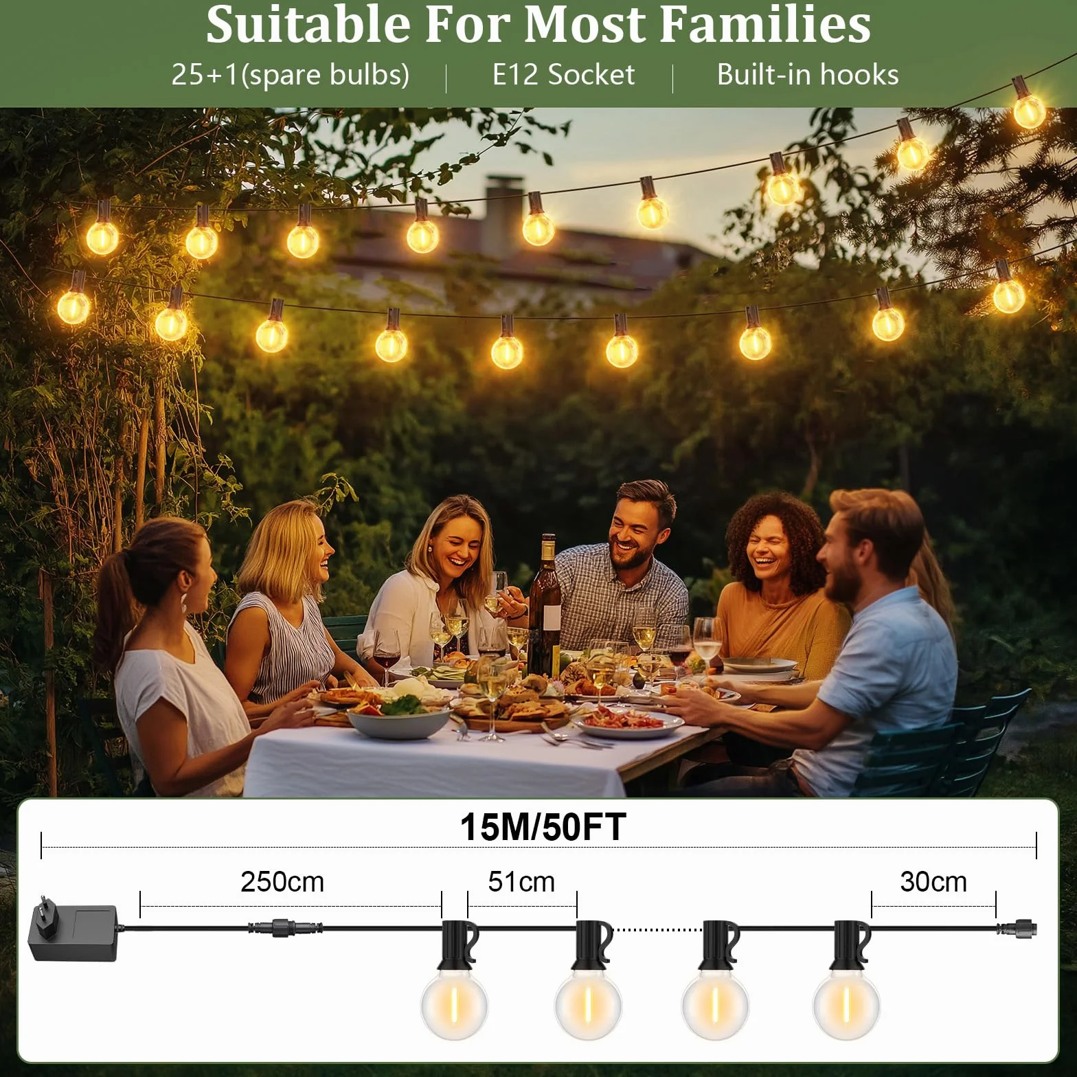 Guirnalda Luces Exterior 15M IP45 Impermeable Conectable 25+1 Bombillas Plástico Inastillable 2500K Blanco Cálido