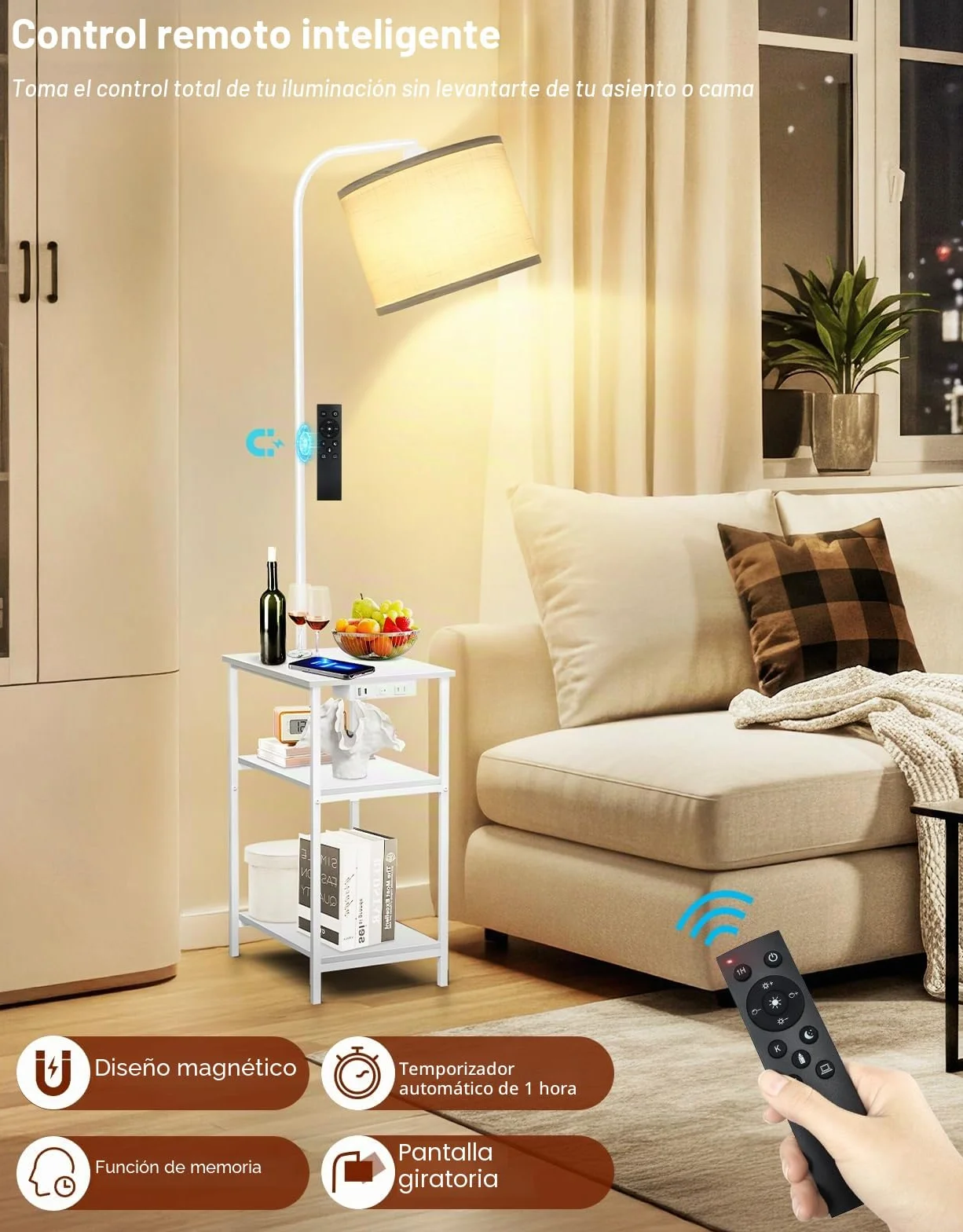 Lámpara de Pie LED Regulable con Mando, 3 Temperaturas, Mesa Auxiliar con Carga USB y Estante para Salón