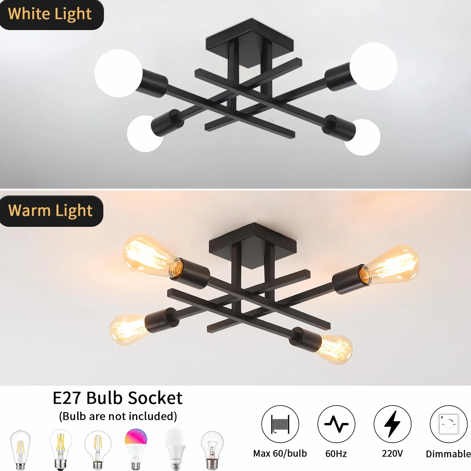 Lampara Techo Negro 4 Luces Vintage E27 para Salon Comedor Cocina