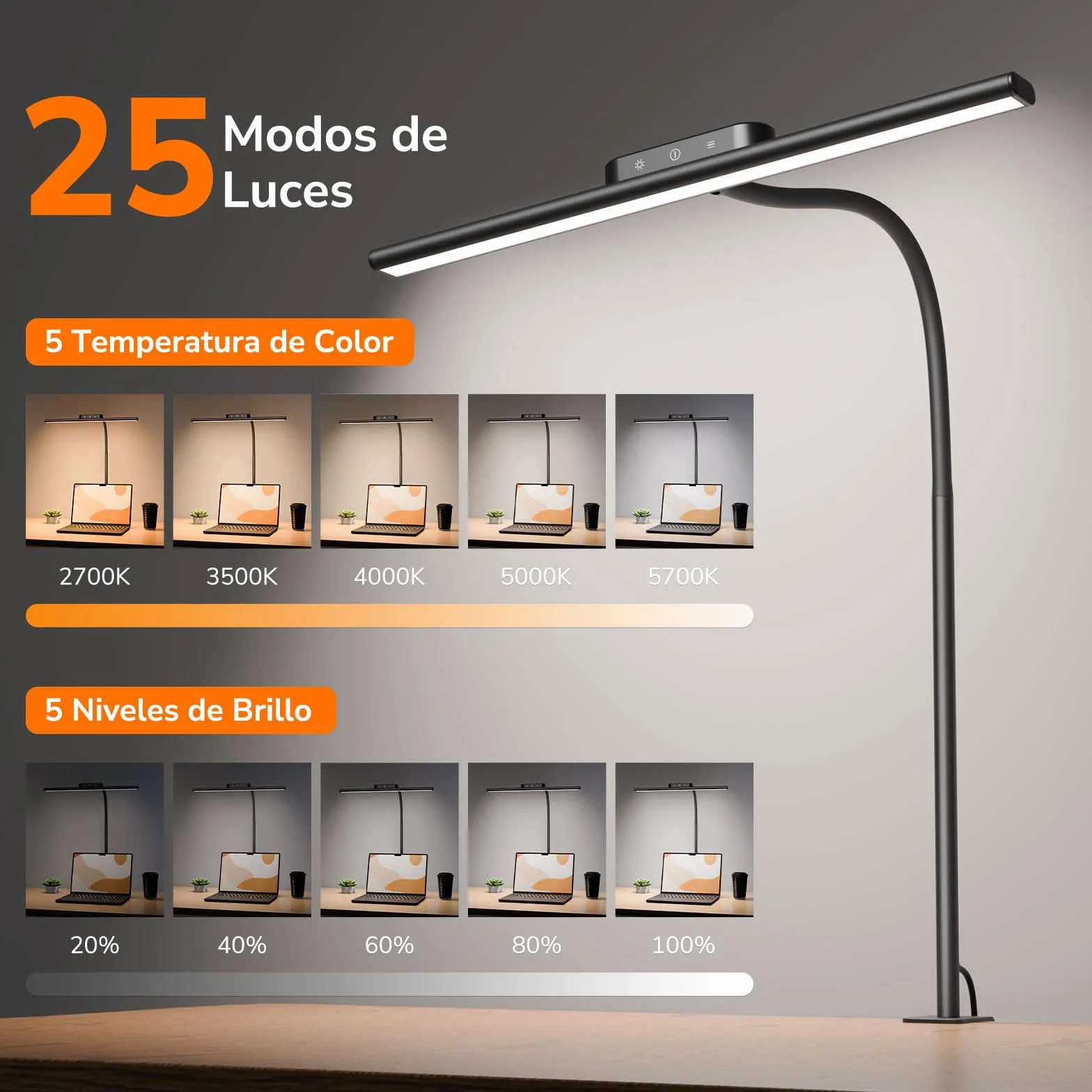 Lepro Lámpara de Escritorio Pinza LED 11W, Flexo Ajustable 5 Modos Color 5 Niveles Brillo, Cuidado Ocular, Negro