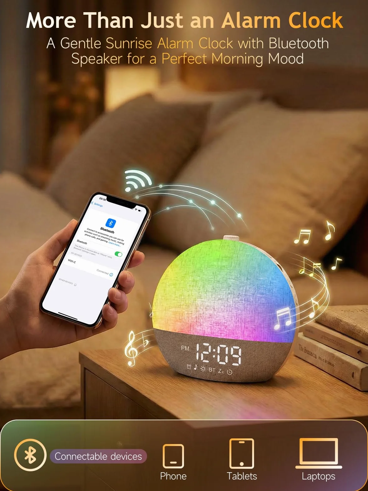 Despertador de Simulación de Amanecer con Luz Natural, 17 Tipos de Iluminación, 30 Sonidos Relajantes, Bluetooth y Alarma